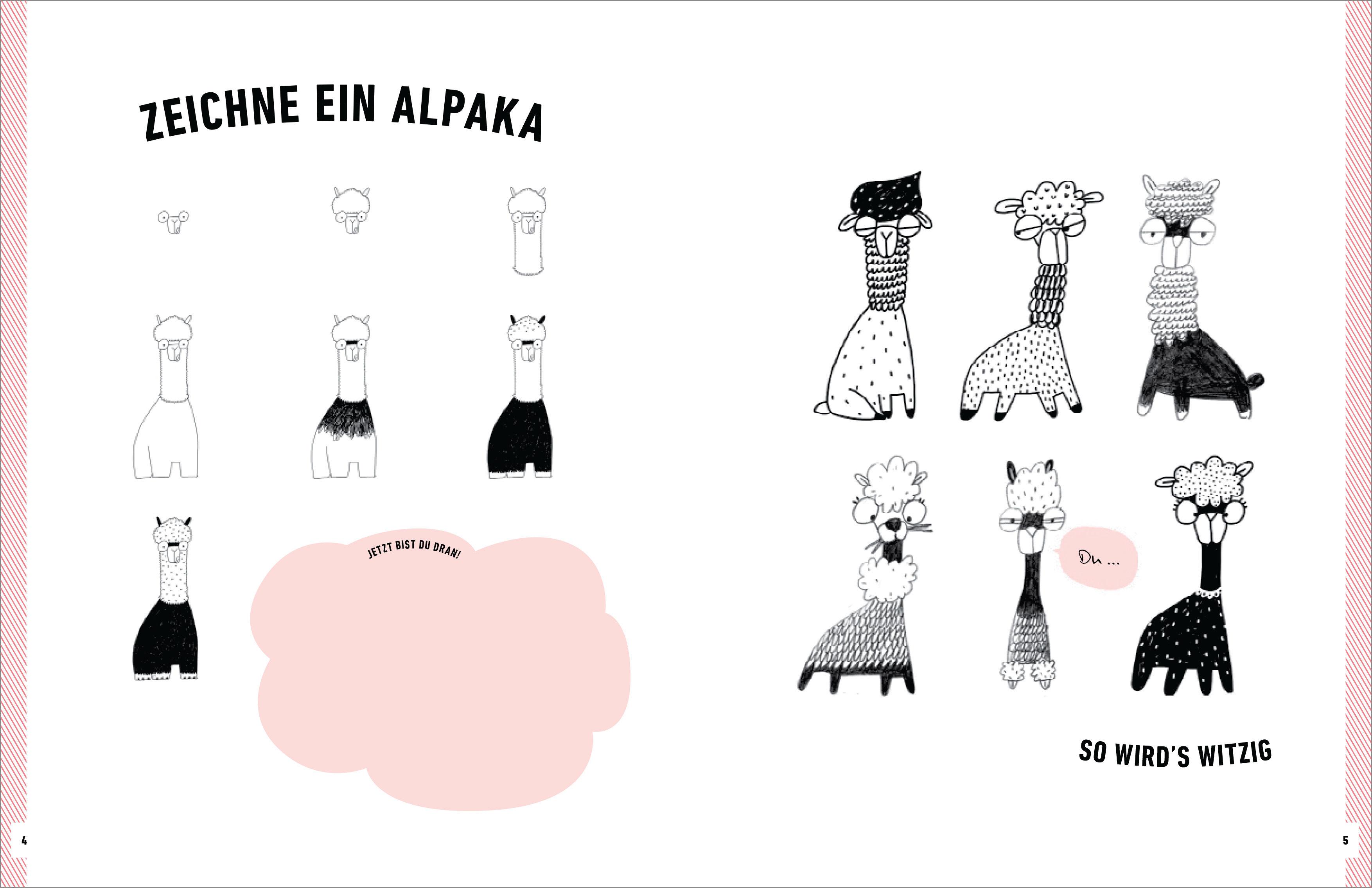 Beispielinhalt (Bild) Witzige Tiere zeichnen. Von Alpaka bis Waschbär - mit vielen individuellen Varianten - für Comic-, Cartoon- und Handlettering-Fans