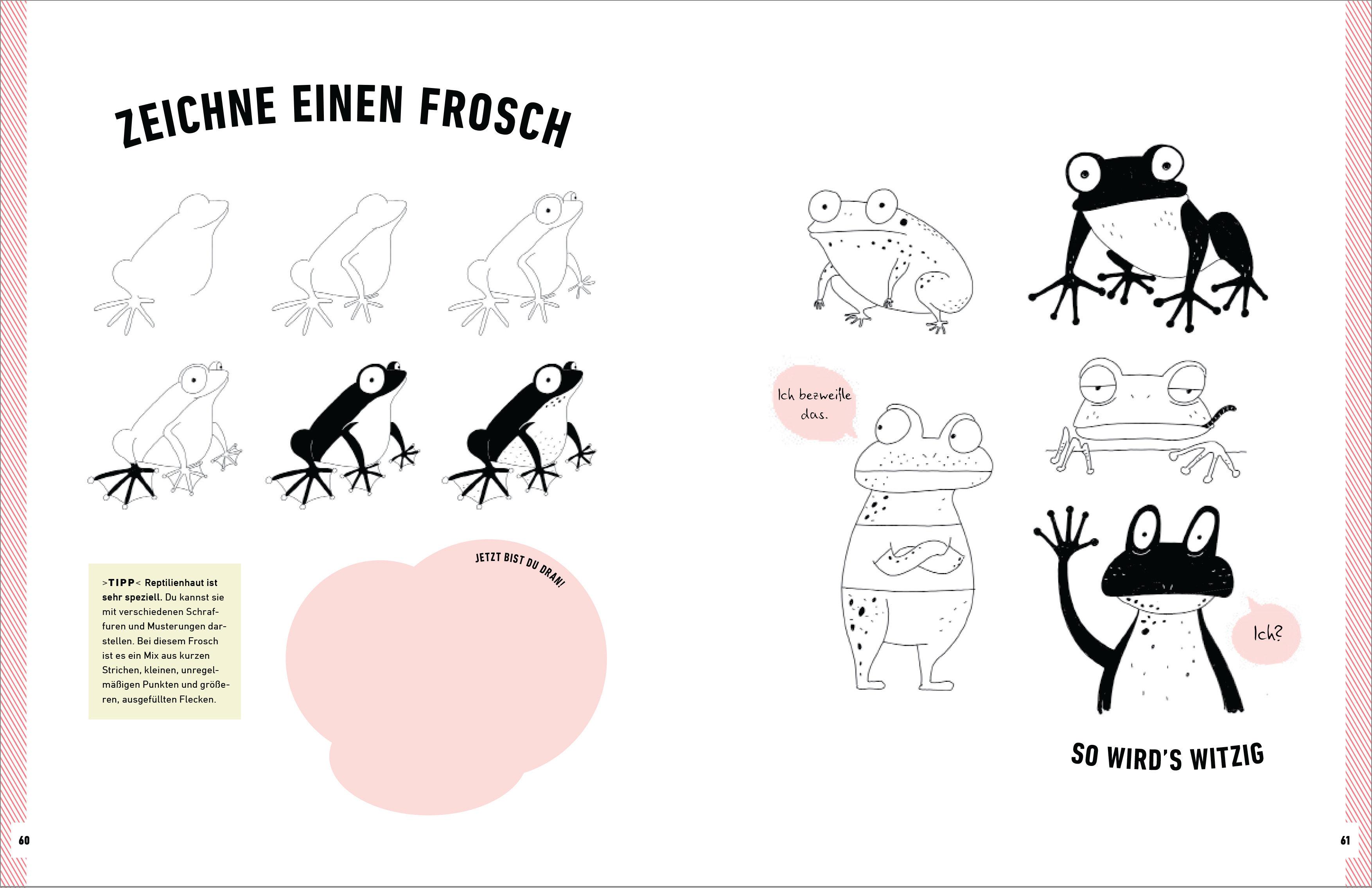 Beispielinhalt (Bild) Witzige Tiere zeichnen. Von Alpaka bis Waschbär - mit vielen individuellen Varianten - für Comic-, Cartoon- und Handlettering-Fans