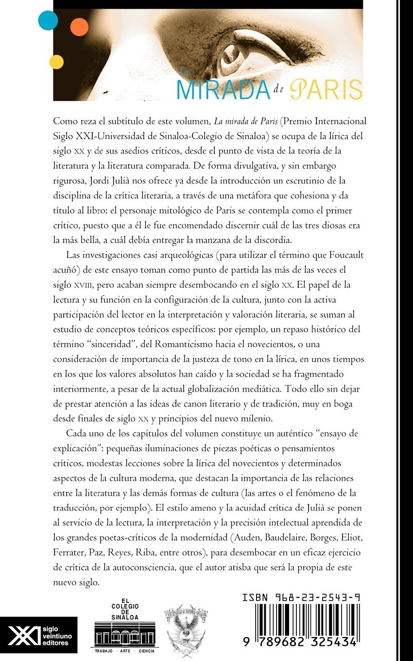 Rückseitencover La mirada de Paris. Ensayos de crítica y poesía