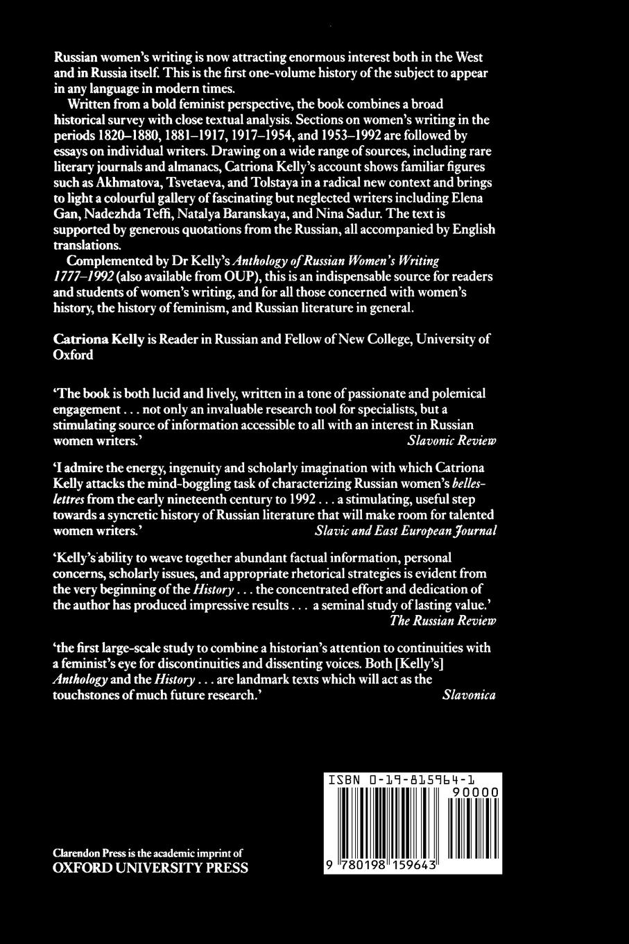 Rückseitencover A History of Russian Women's Writing 1820-1992