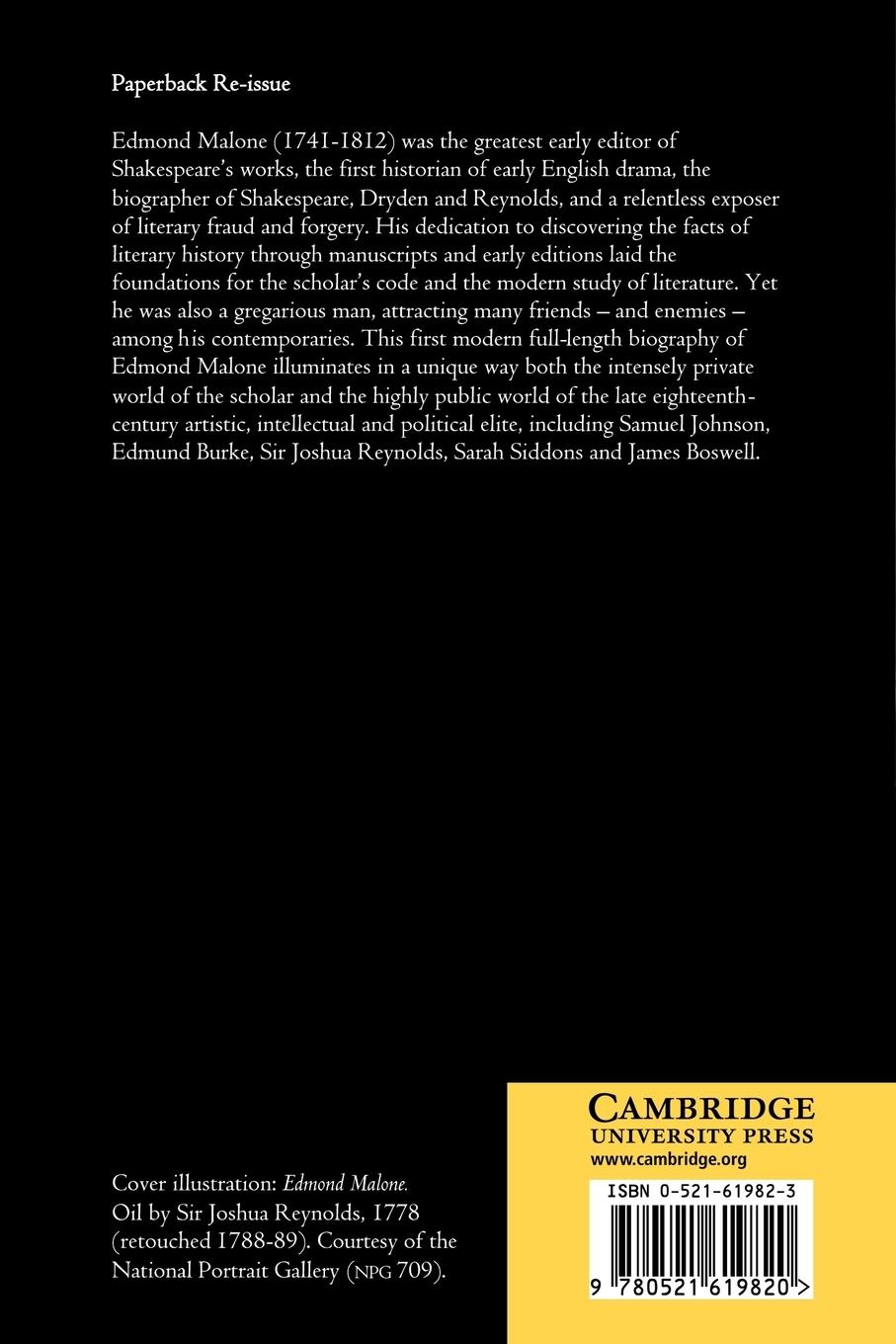 Rückseitencover Edmond Malone, Shakespearean Scholar
