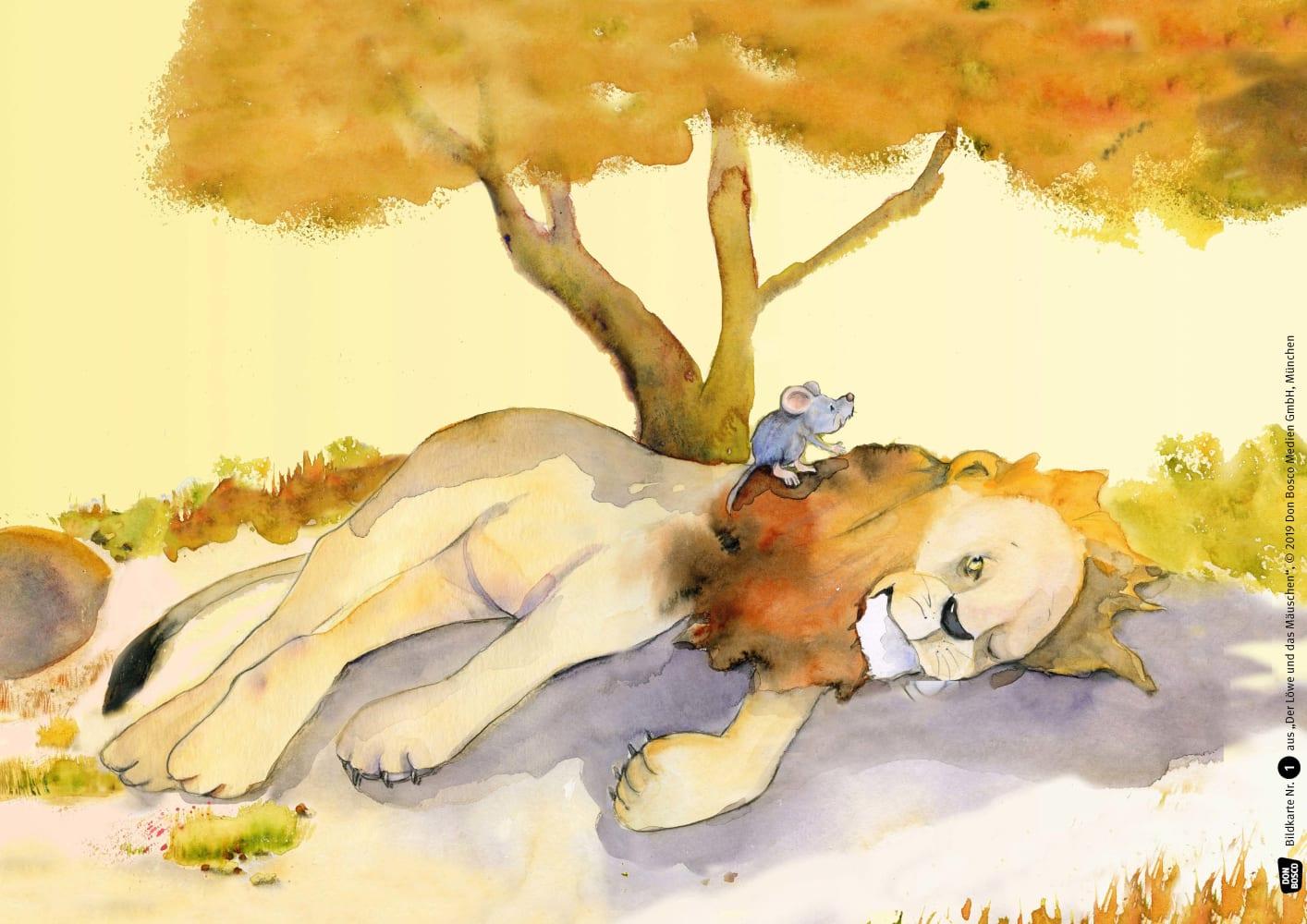 Beispielinhalt (Bild) Der Löwe und das Mäuschen. Eine Fabel von Äsop. Kamishibai Bildkartenset