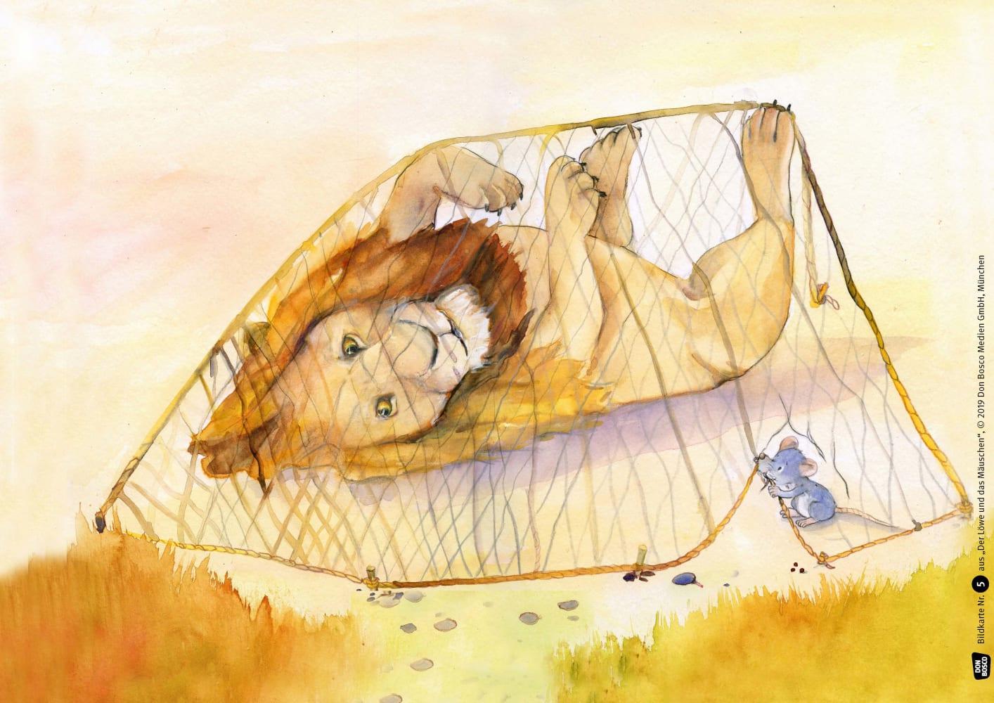 Beispielinhalt (Bild) Der Löwe und das Mäuschen. Eine Fabel von Äsop. Kamishibai Bildkartenset