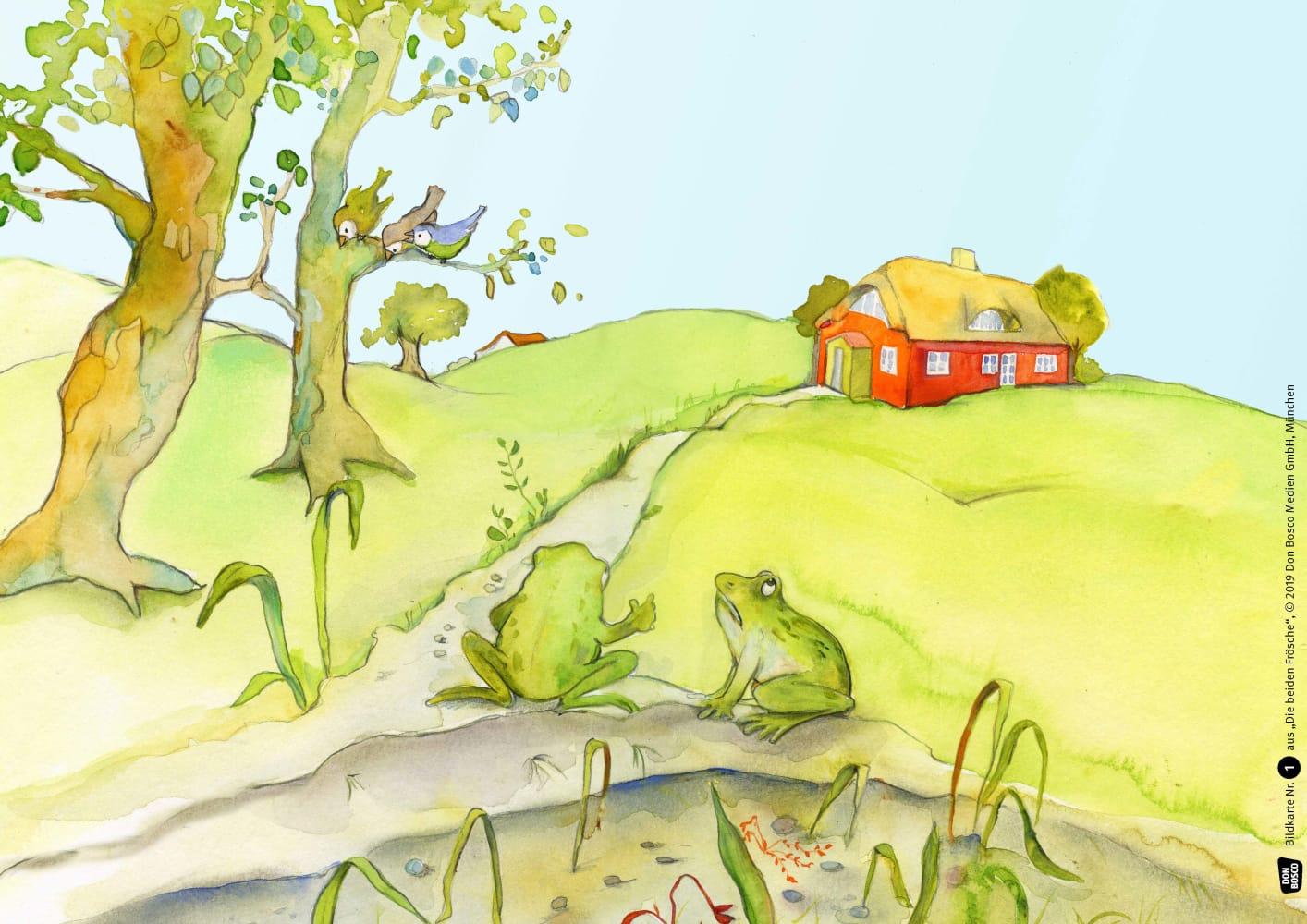 Beispielinhalt (Bild) Die beiden Frösche. Eine Fabel von Äsop. Kamishibai Bildkartenset.