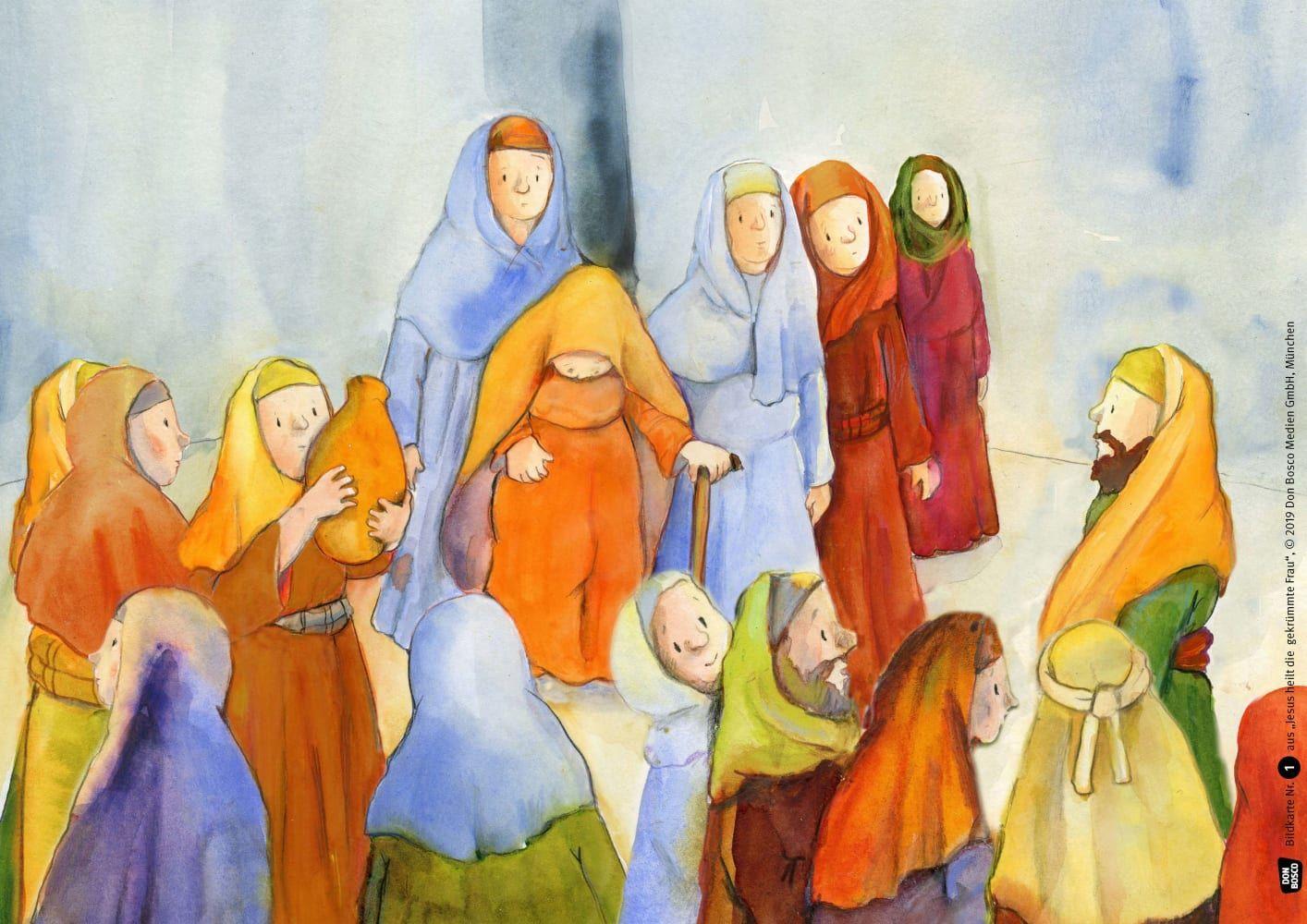 Beispielinhalt (Bild) Jesus heilt die gekrümmte Frau. Kamishibai Bildkartenset.