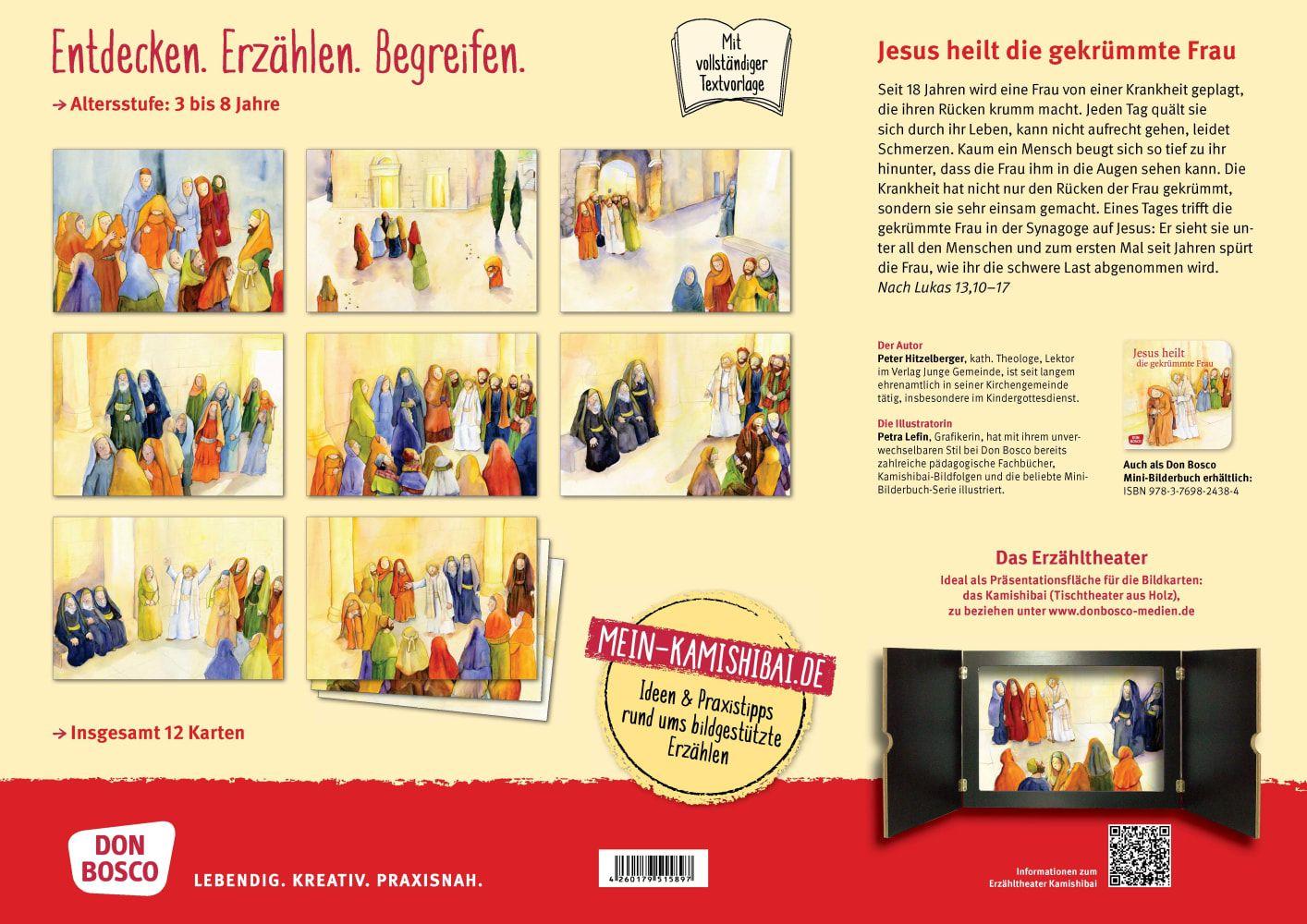 Beispielinhalt (Bild) Jesus heilt die gekrümmte Frau. Kamishibai Bildkartenset.