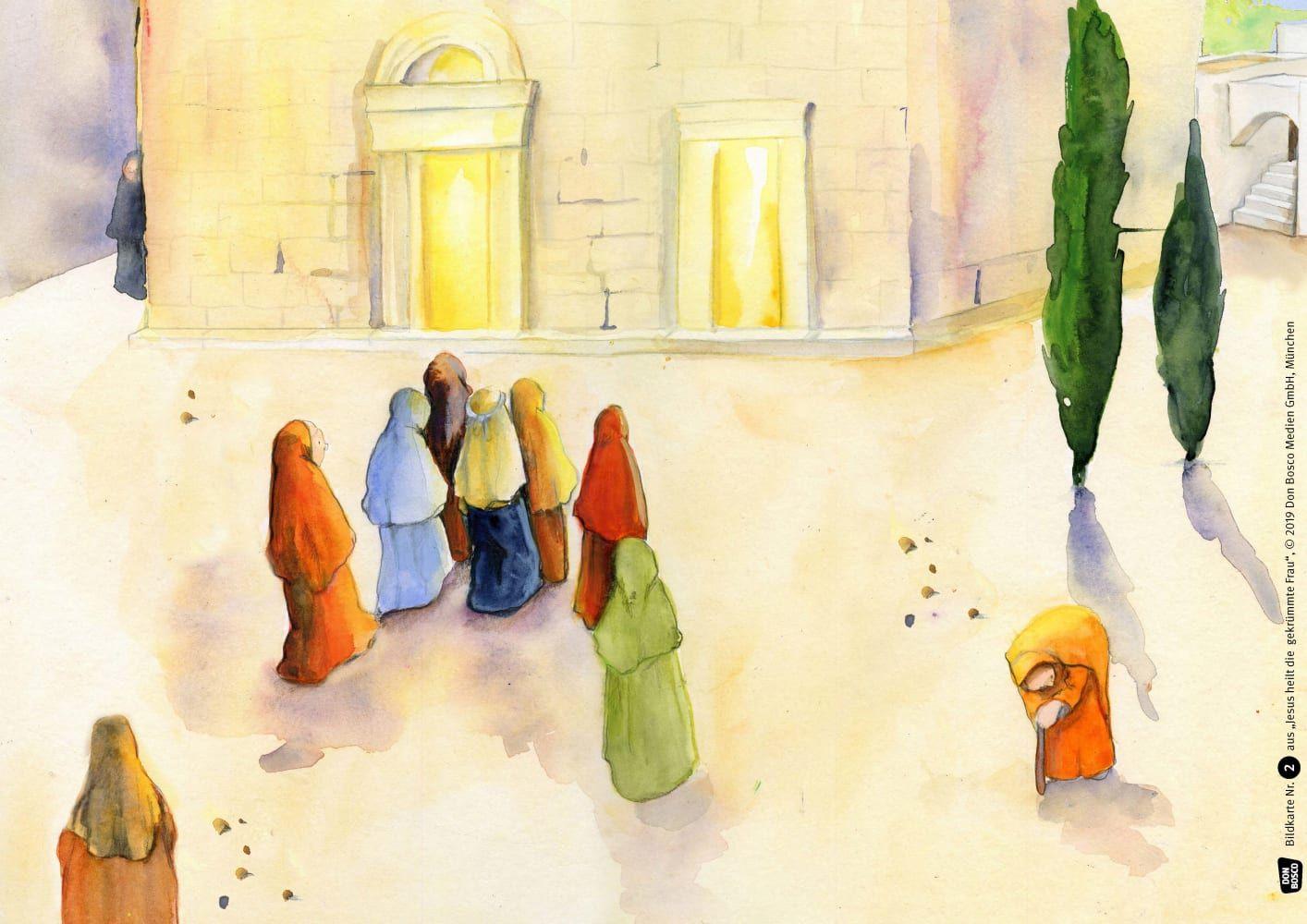 Beispielinhalt (Bild) Jesus heilt die gekrümmte Frau. Kamishibai Bildkartenset.