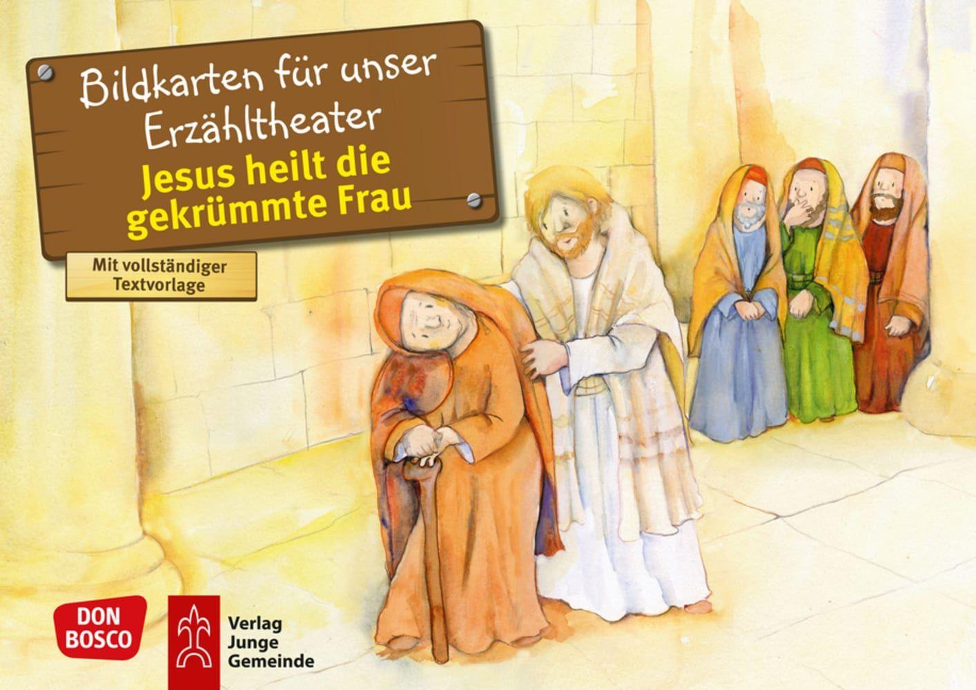 Vorderes Coverbild Jesus heilt die gekrümmte Frau. Kamishibai Bildkartenset.