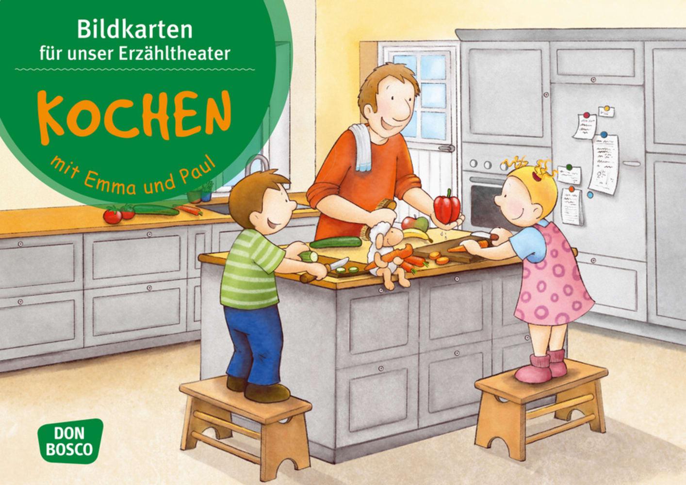 Vorderes Coverbild Kochen mit Emma und Paul. Kamishibai Bildkartenset.