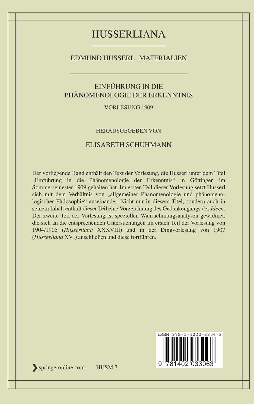 Rückseitencover Einführung in die Phänomenologie der Erkenntnis. Vorlesung 1909