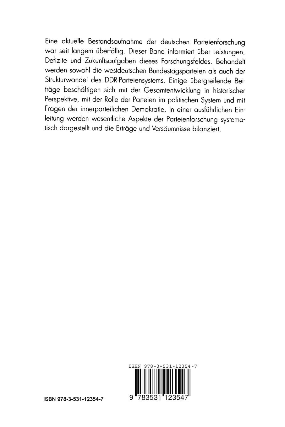 Rückseitencover Stand und Perspektiven der Parteienforschung in Deutschland