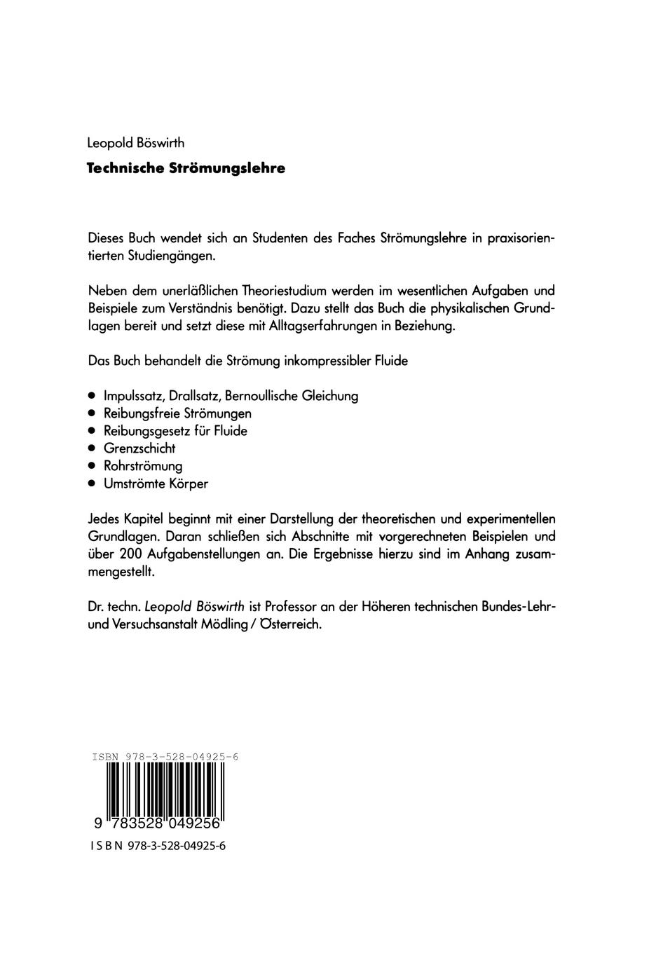 Rückseitencover Technische Strömungslehre
