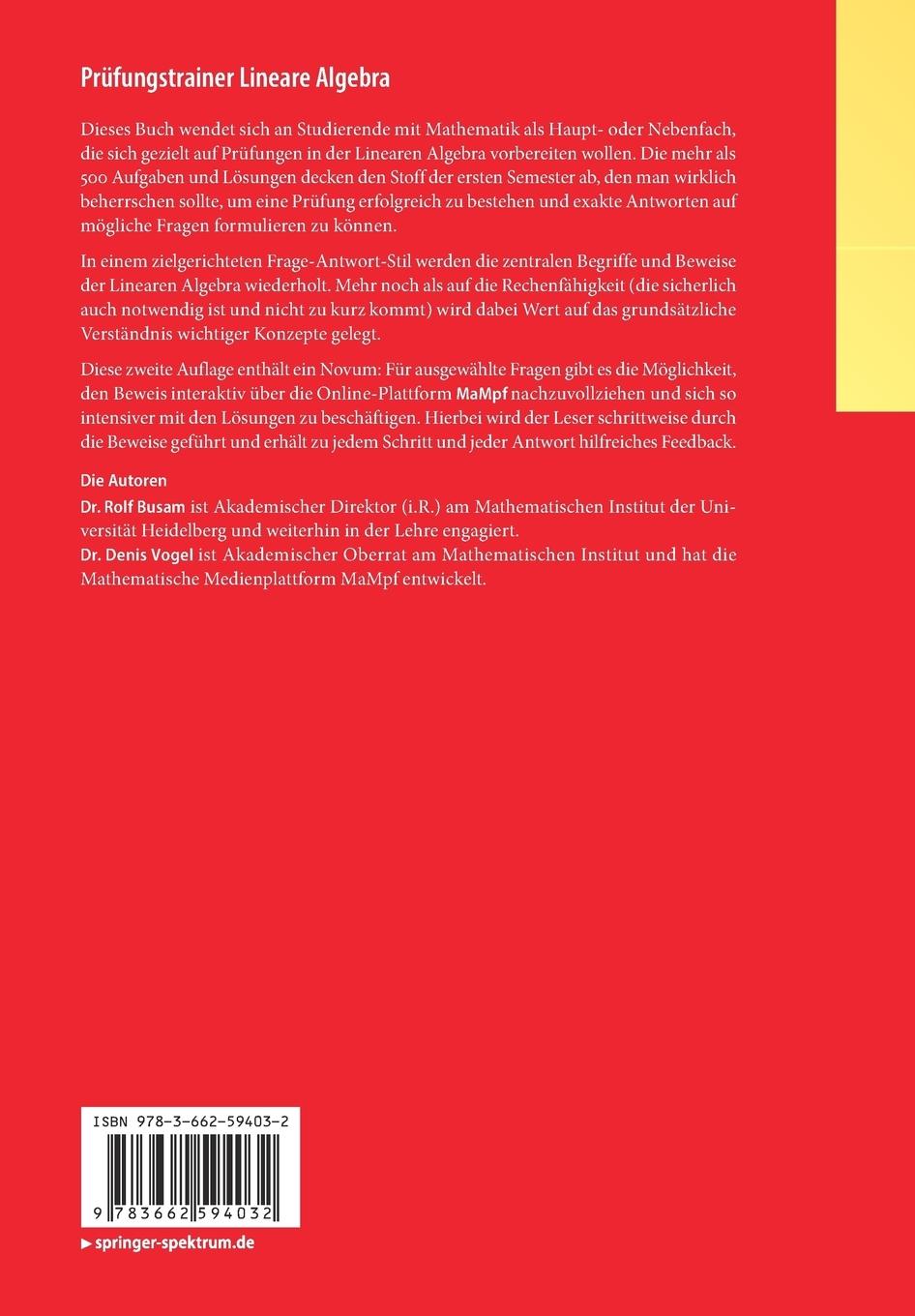 Rückseitencover Prüfungstrainer Lineare Algebra