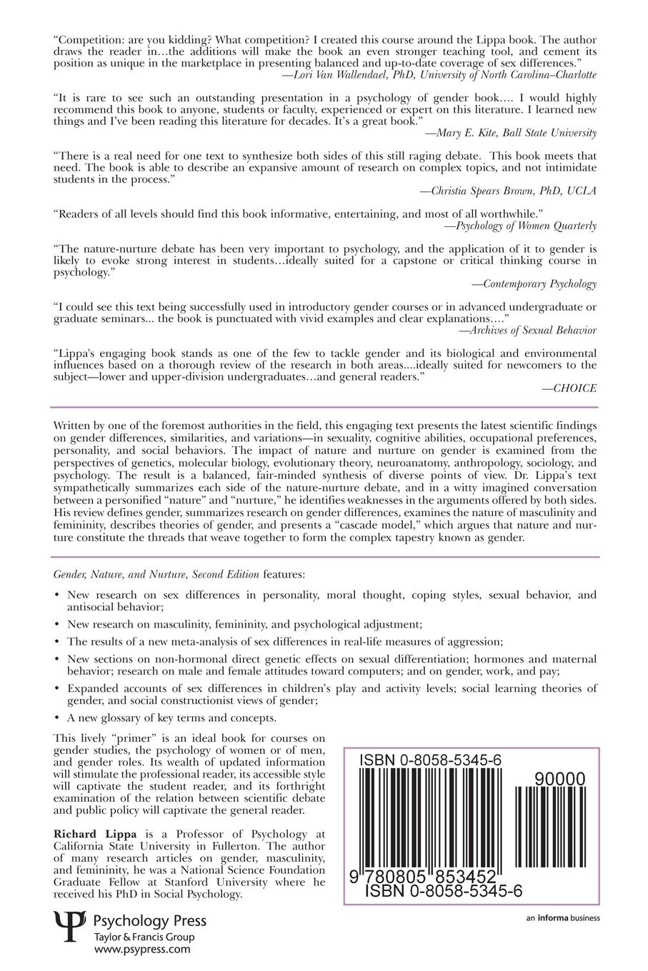 Rückseitencover Gender, Nature, and Nurture