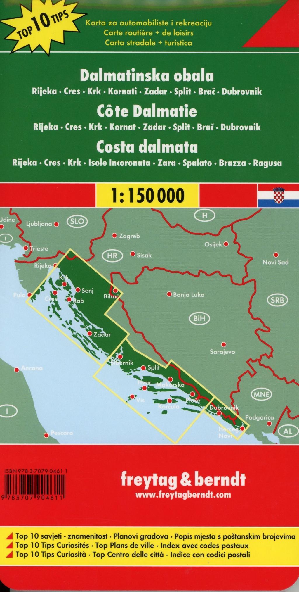 Beispielinhalt (Bild) Dalmatinische Küste, Rijeka - Cres - Krk - Kornaten - Zadar - Split - Brac - Dubrovnik, Autokarte 1:150.000