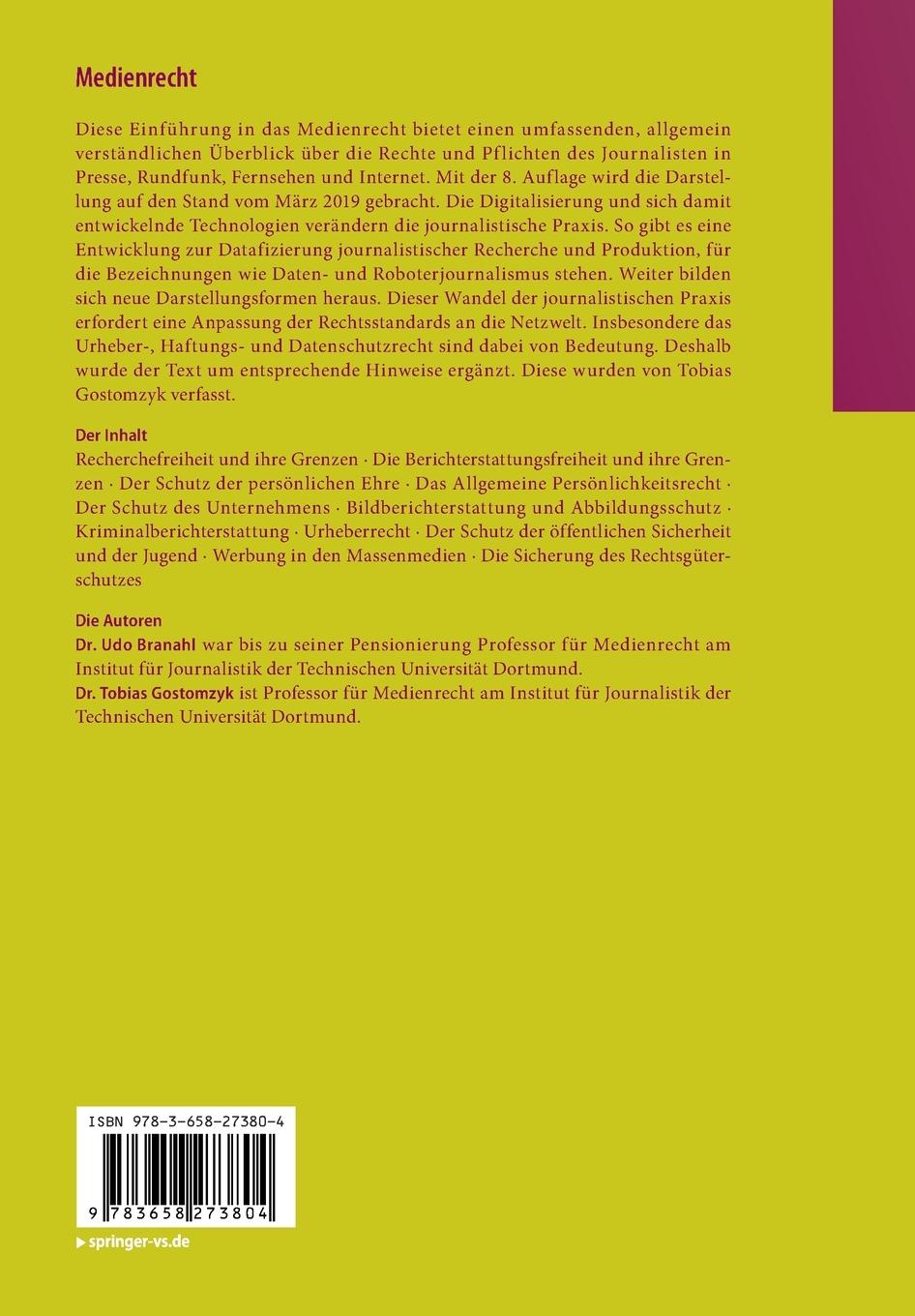 Rückseitencover Medienrecht