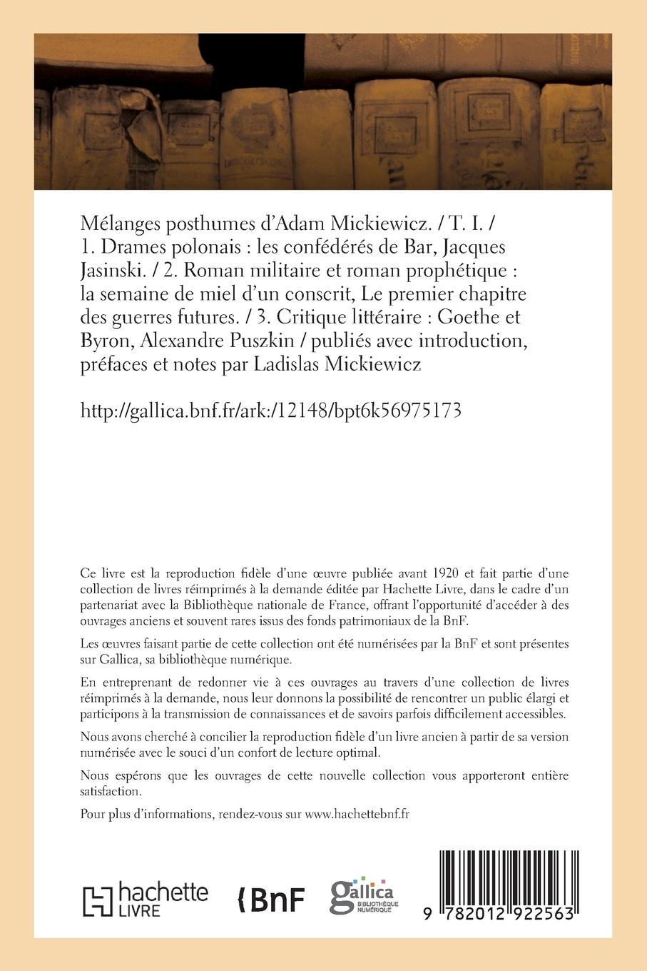 Rückseitencover Mélanges Posthumes d'Adam Mickiewicz. T. I. 1. Drames Polonais: Les Confédérés de Bar
