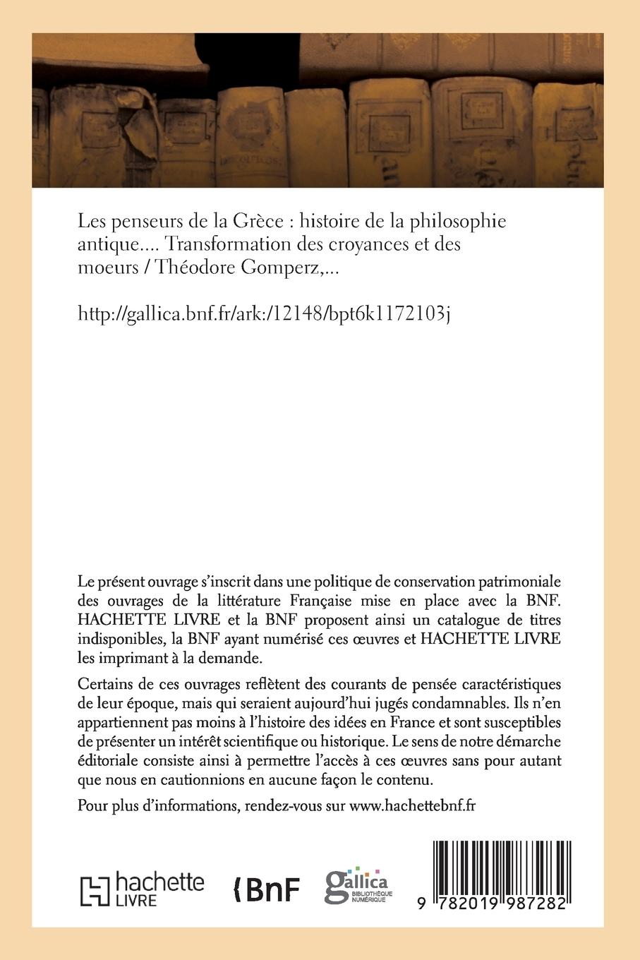 Rückseitencover Les Penseurs de la Grèce, Histoire de la Philosophie Antique