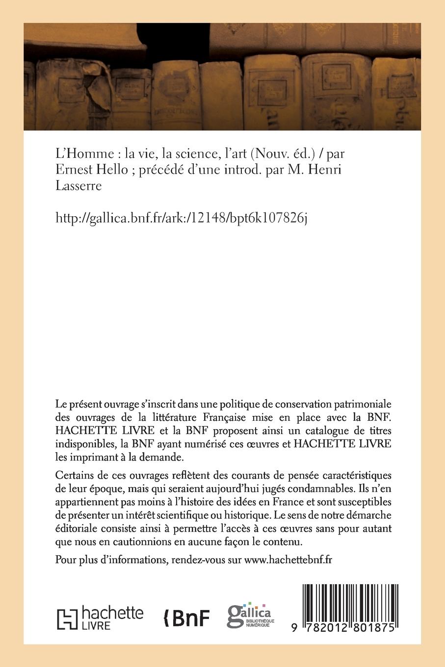 Rückseitencover L'Homme: La Vie, La Science, l'Art