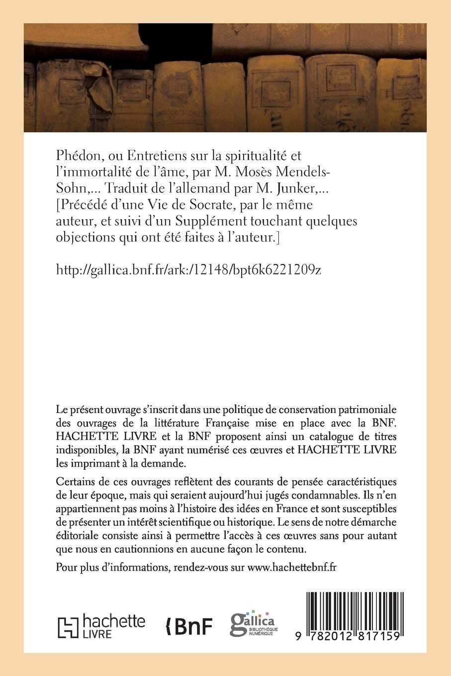 Rückseitencover Phédon, Ou Entretiens Sur La Spiritualité Et l'Immortalité de l'Âme