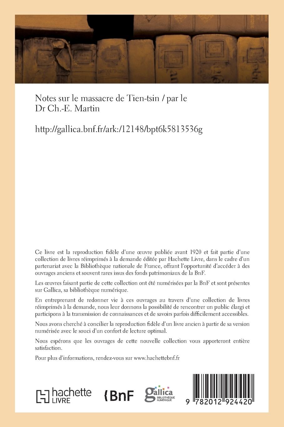 Rückseitencover Notes Sur Le Massacre de Tien-Tsin
