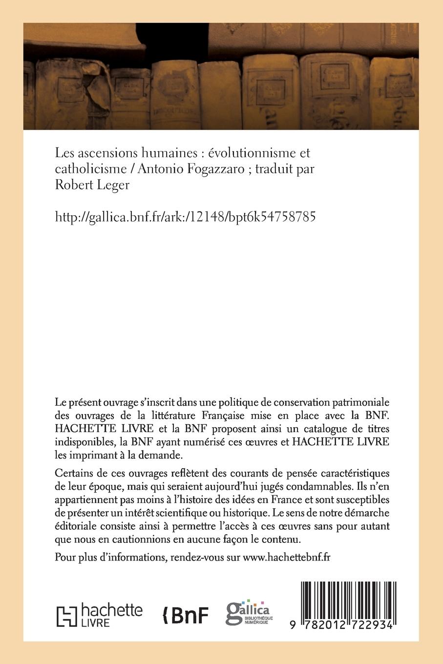 Rückseitencover Les Ascensions Humaines: Évolutionnisme Et Catholicisme