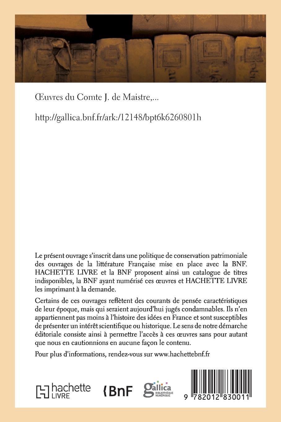 Rückseitencover Oeuvres Du Comte J. de Maistre