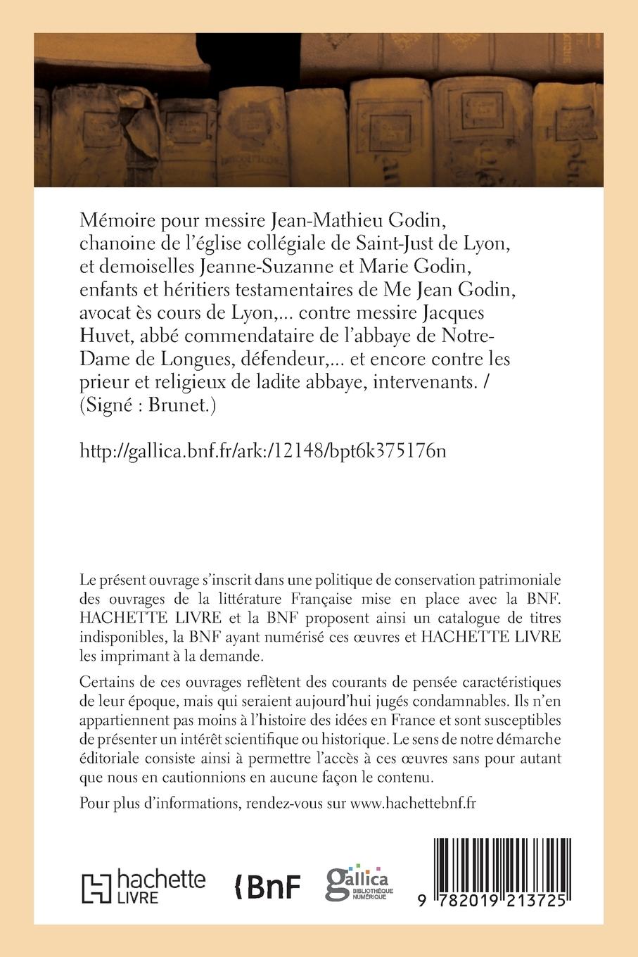 Rückseitencover Mémoire Pour Messire Jean-Mathieu Godin Et Demoiselles J-S Et M. Godin, Enfants Et Héritiers