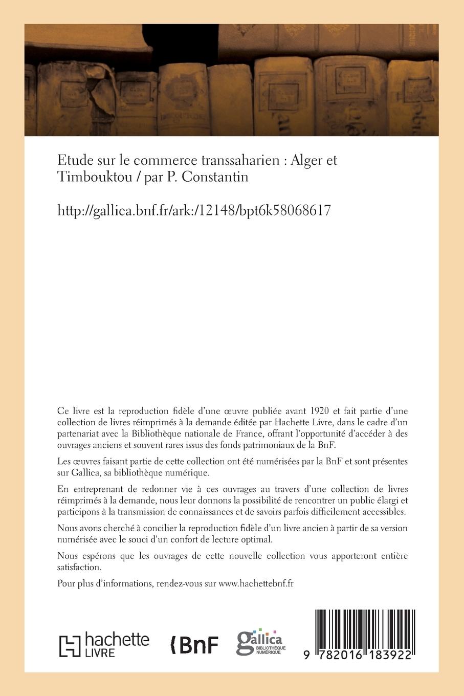 Rückseitencover Etude Sur Le Commerce Transsaharien: Alger Et Timbouktou