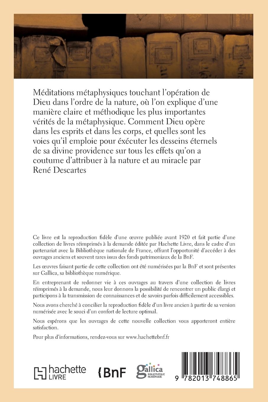 Rückseitencover Méditations Métaphysiques Touchant l'Opération de Dieu Dans l'Ordre de la Nature