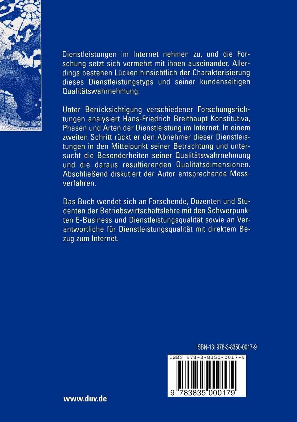 Rückseitencover Dienstleistungen im Internet und ihre Qualität aus Kundensicht