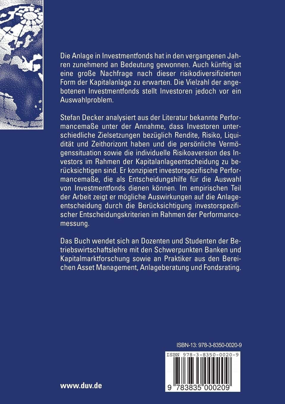 Rückseitencover Investorspezifische Performancemessung für die Auswahl von Investmentfonds