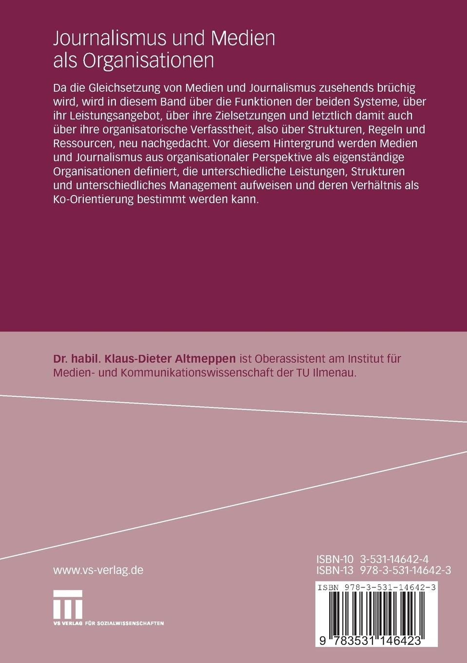 Rückseitencover Journalismus und Medien als Organisationen