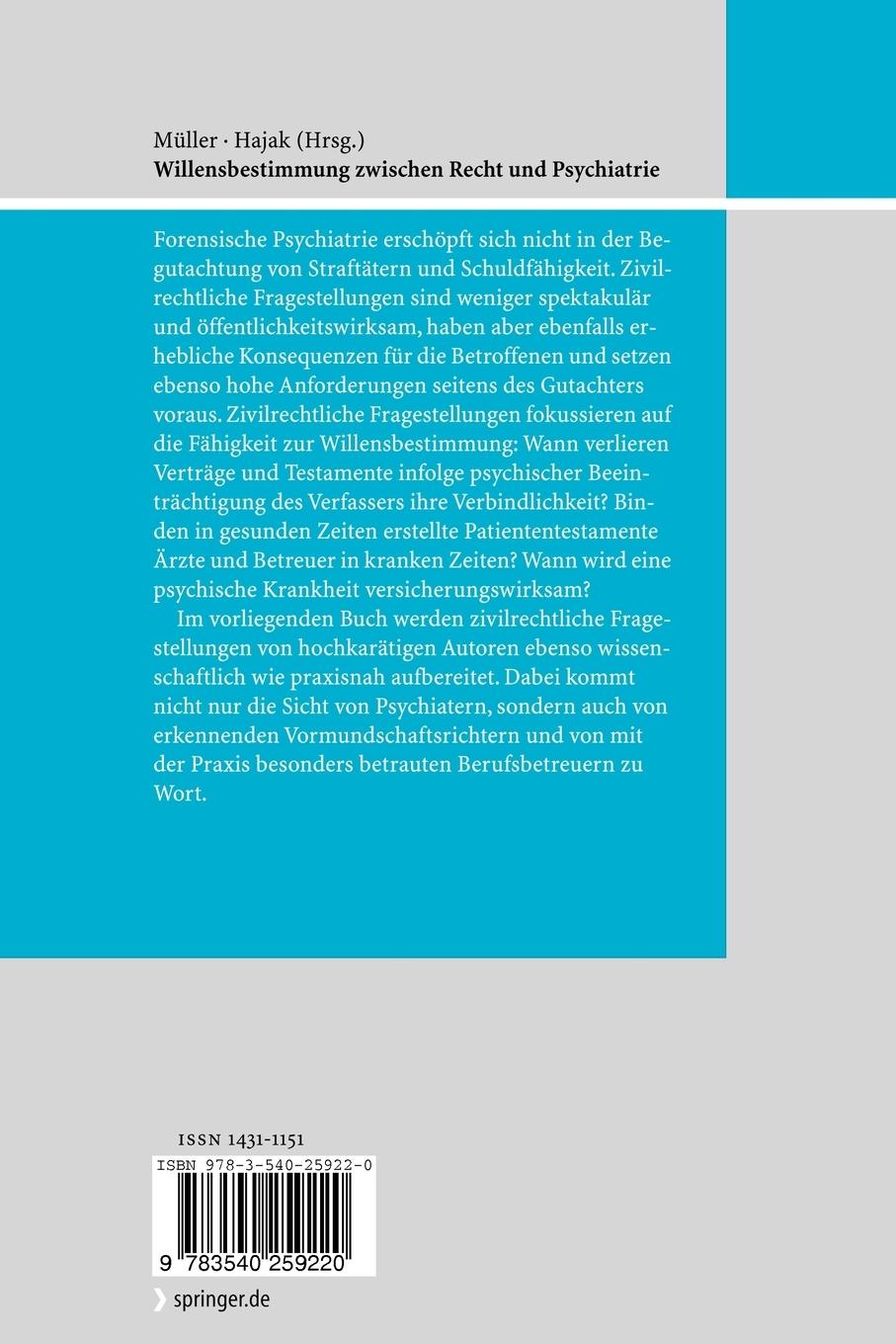 Rückseitencover Willensbestimmung zwischen Recht und Psychiatrie