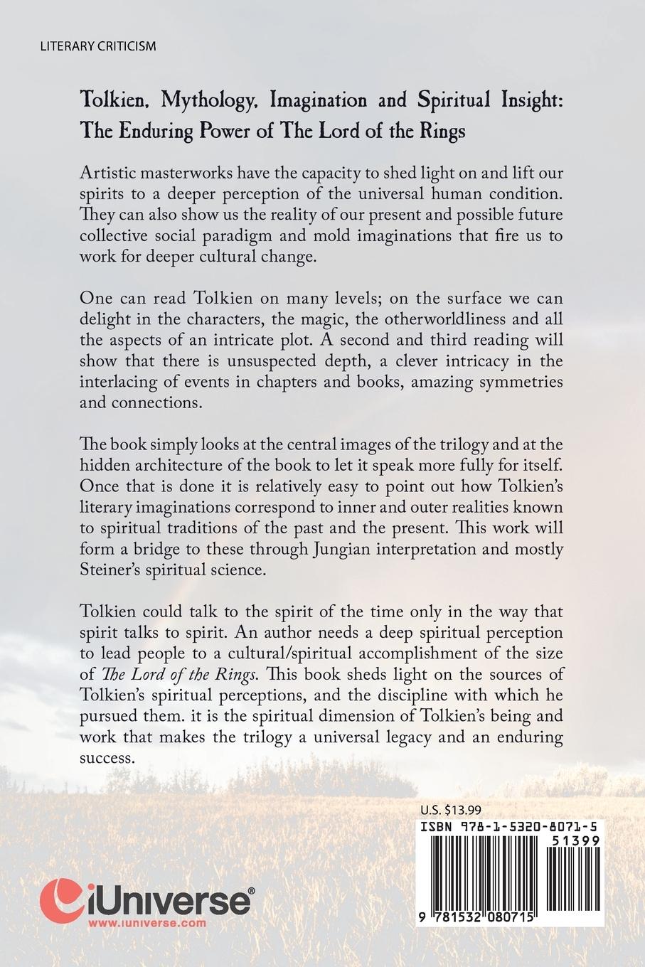 Rückseitencover Tolkien, Mythology, Imagination and Spiritual Insight