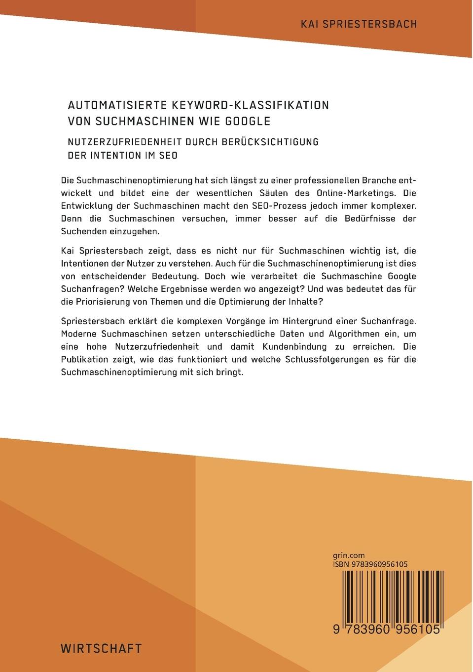 Rückseitencover Automatisierte Keyword-Klassifikation von Suchmaschinen wie Google. Nutzerzufriedenheit durch Berücksichtigung der Intention im SEO