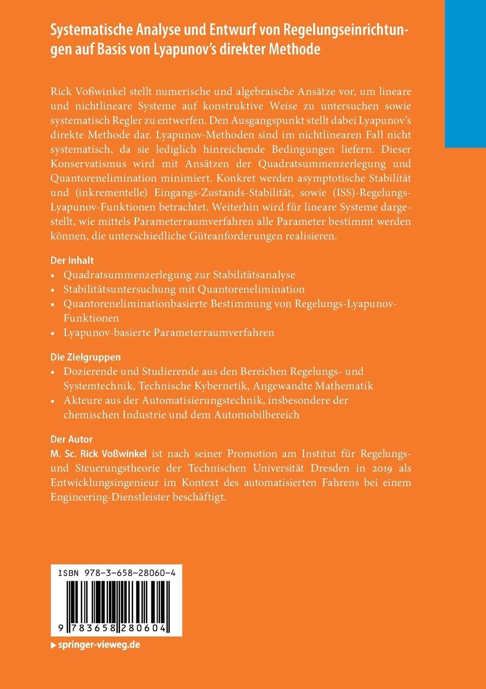 Rückseitencover Systematische Analyse und Entwurf von Regelungseinrichtungen auf Basis von Lyapunov's direkter Methode