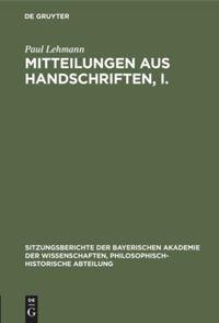 Vorderes Coverbild Mitteilungen aus Handschriften, I.