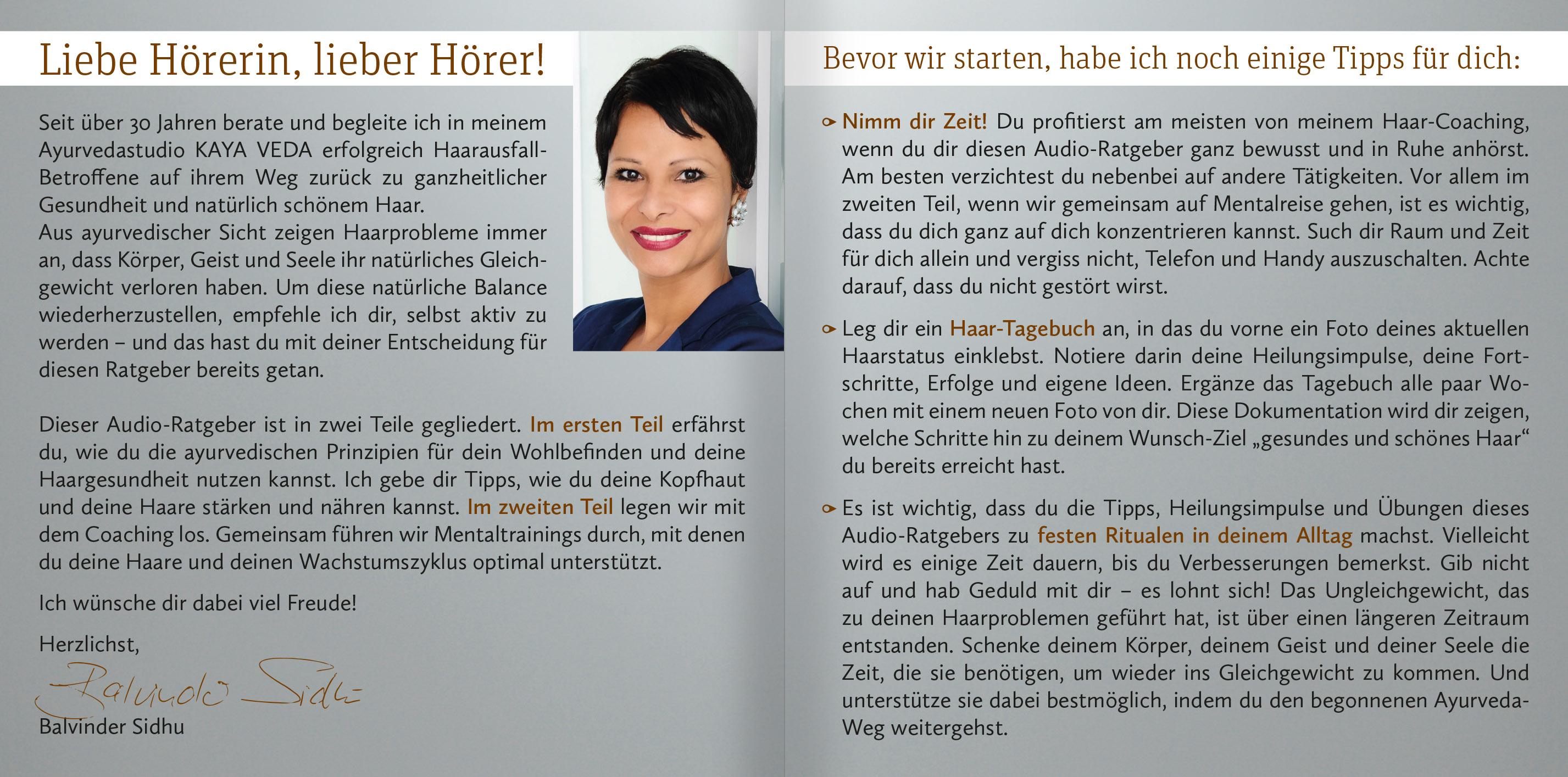 Beispielinhalt (Bild) Hol dir dein Haar zurück! Dein Ayurveda-Coaching für volles und gesundes Haar (Audio-CD)