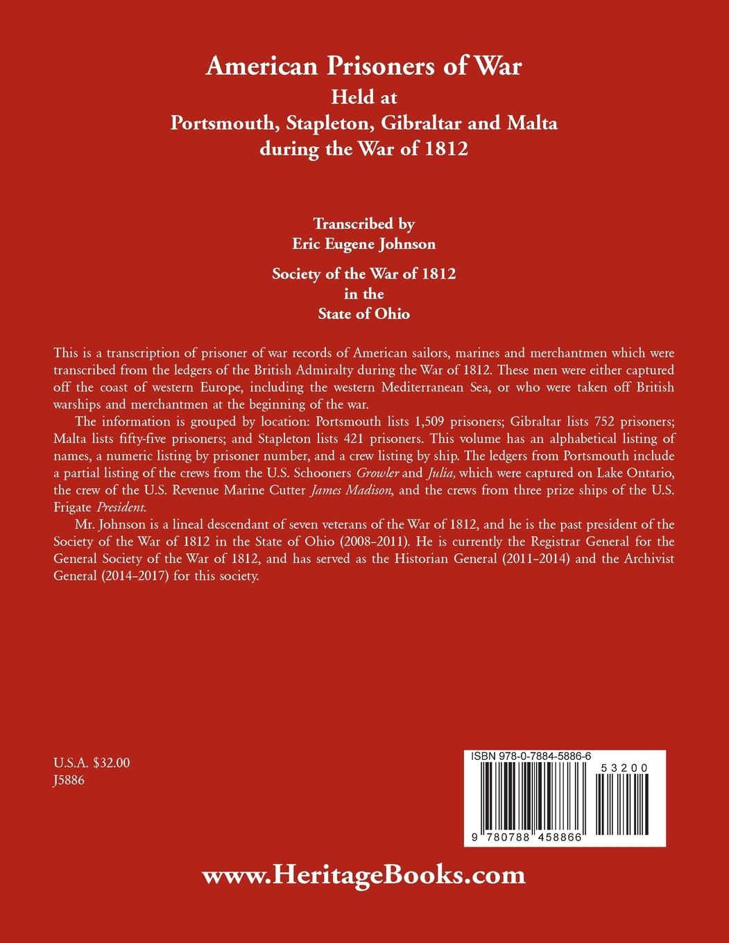 Rückseitencover American Prisoners of War Held At Portsmouth, Stapleton, Gibraltar and Malta during the War of 1812