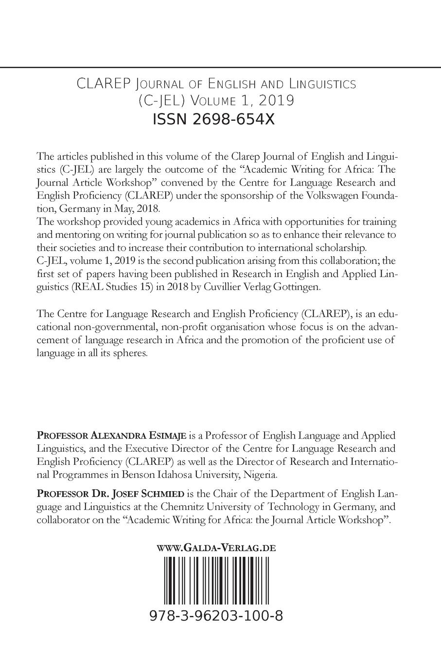 Rückseitencover CLAREP JOURNAL OF ENGLISH AND LINGUISTICS (C-JEL)