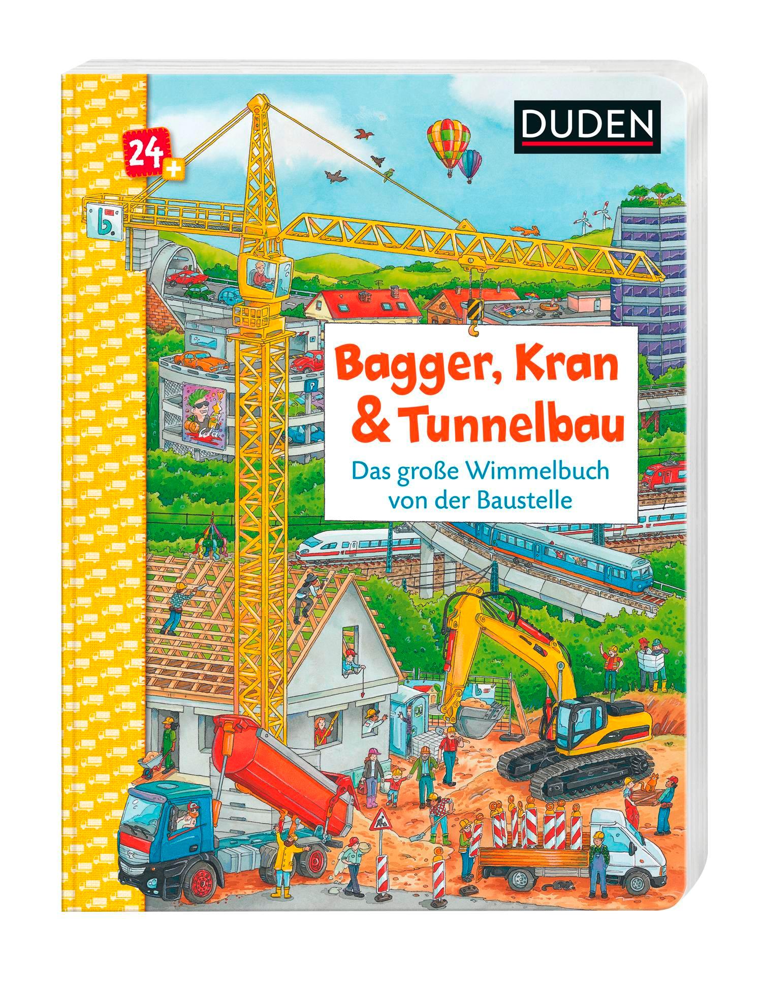 Beispielinhalt (Bild) Duden 24+: Bagger, Kran und Tunnelbau. Das große Wimmelbuch von der Baustelle