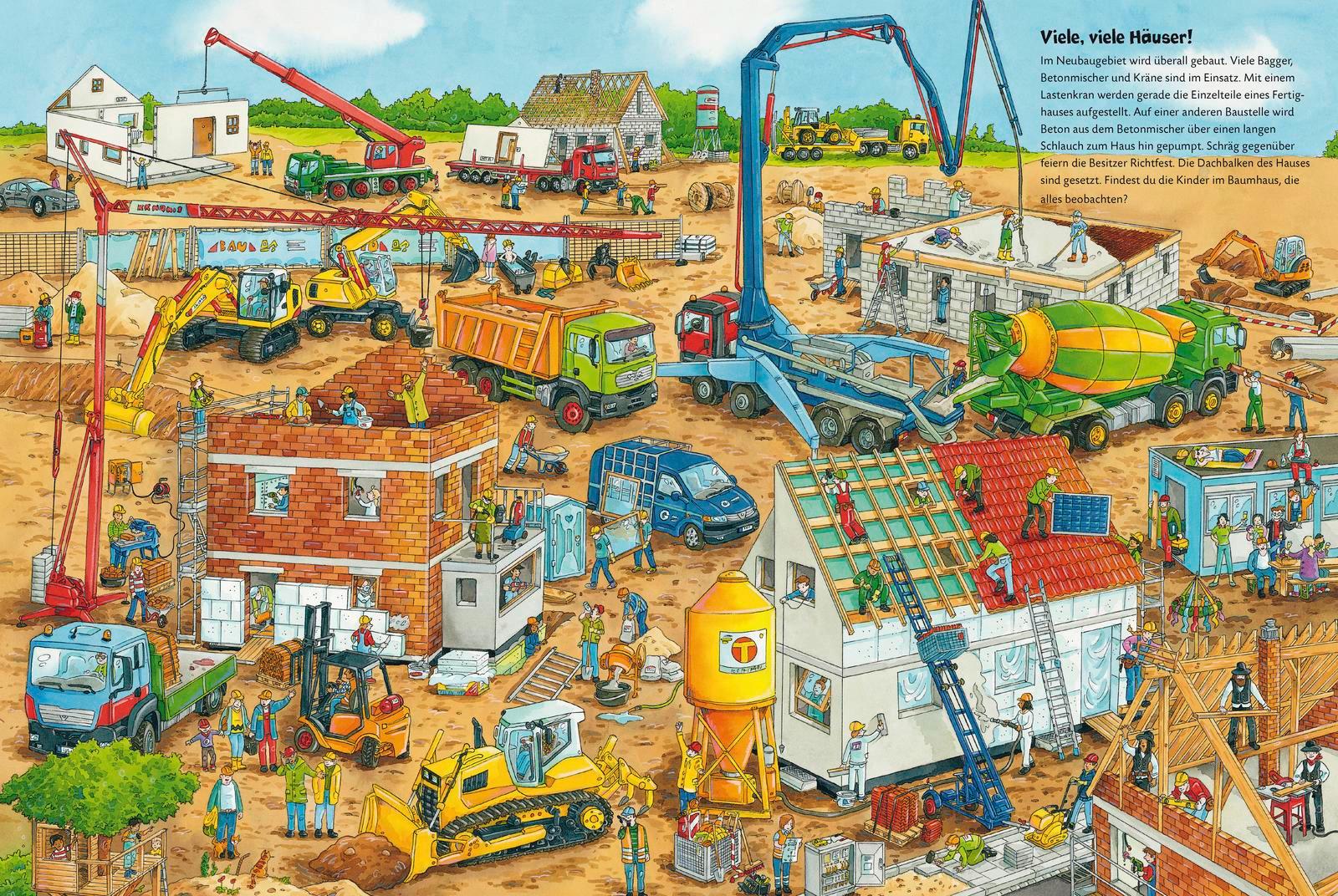 Beispielinhalt (Bild) Duden 24+: Bagger, Kran und Tunnelbau. Das große Wimmelbuch von der Baustelle