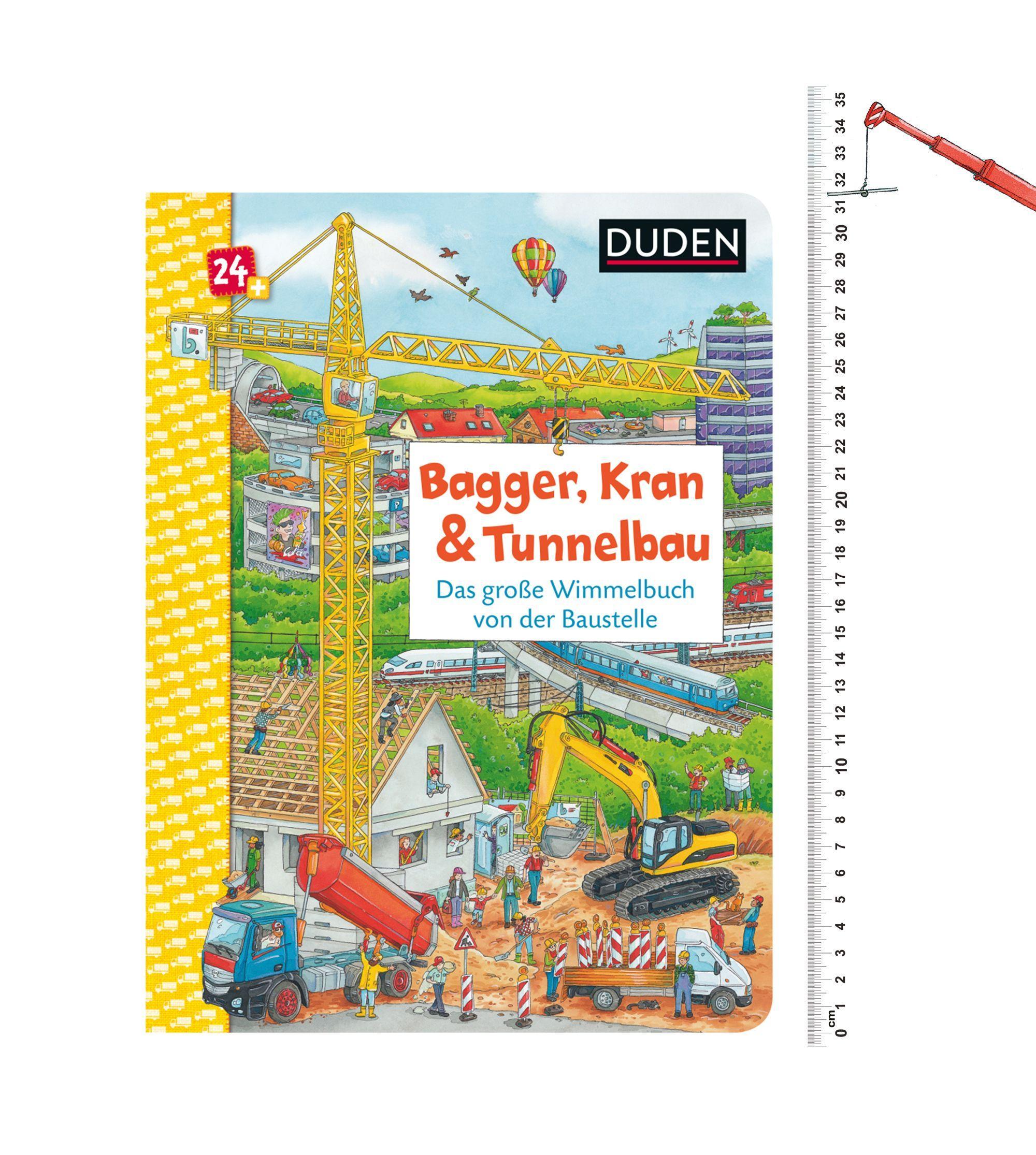 Beispielinhalt (Bild) Duden 24+: Bagger, Kran und Tunnelbau. Das große Wimmelbuch von der Baustelle