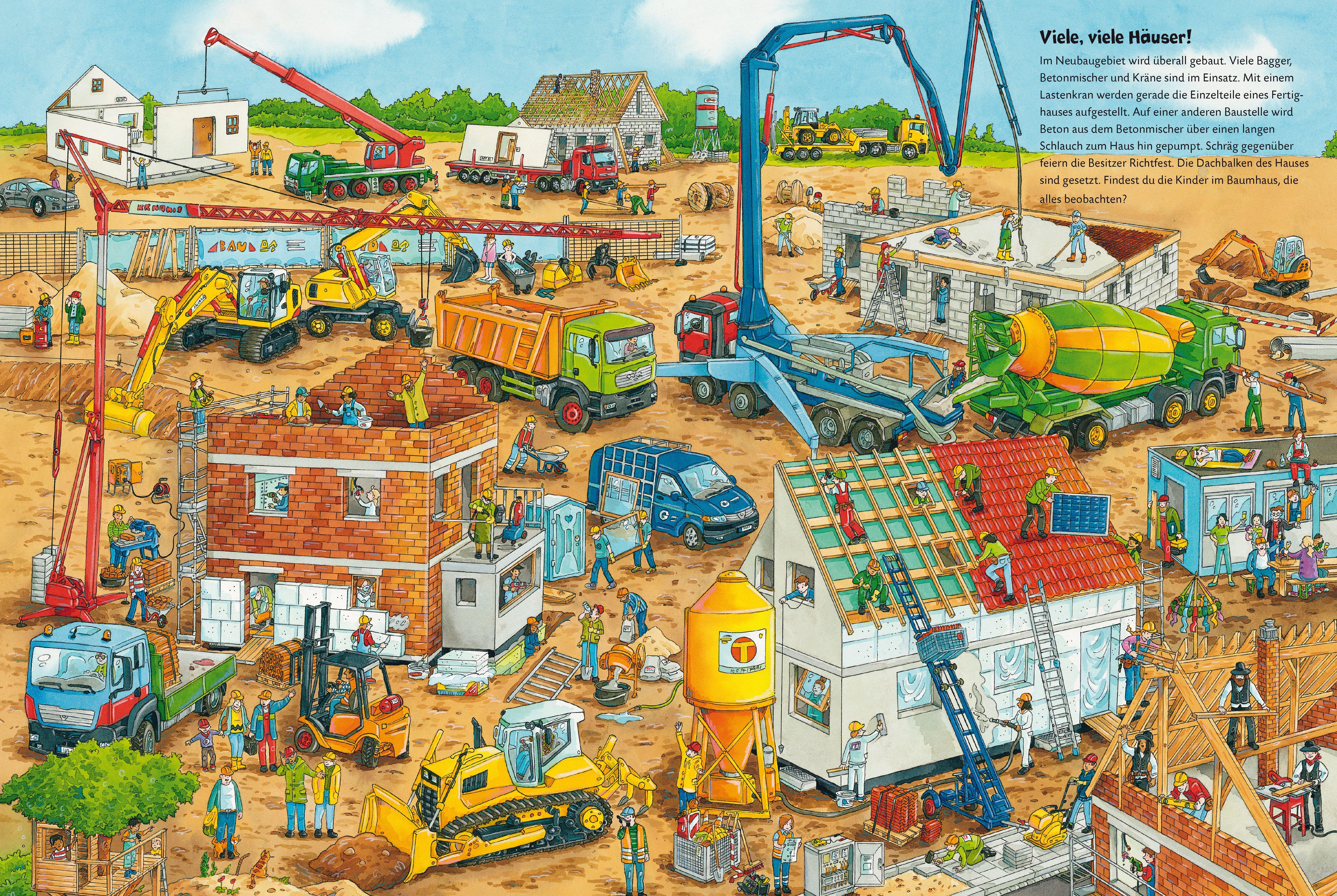 Beispielinhalt (Bild) Duden 24+: Bagger, Kran und Tunnelbau. Das große Wimmelbuch von der Baustelle