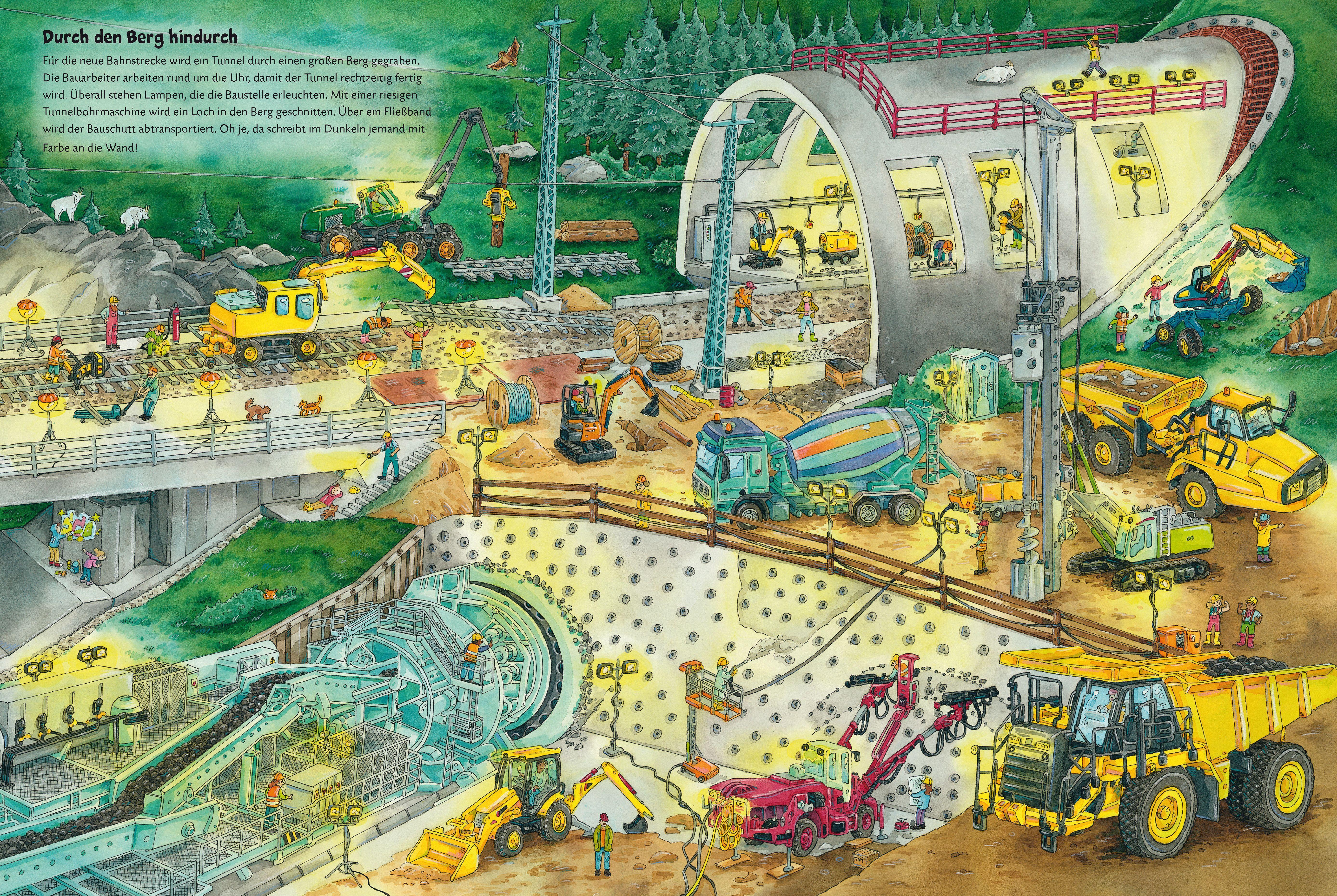 Beispielinhalt (Bild) Duden 24+: Bagger, Kran und Tunnelbau. Das große Wimmelbuch von der Baustelle