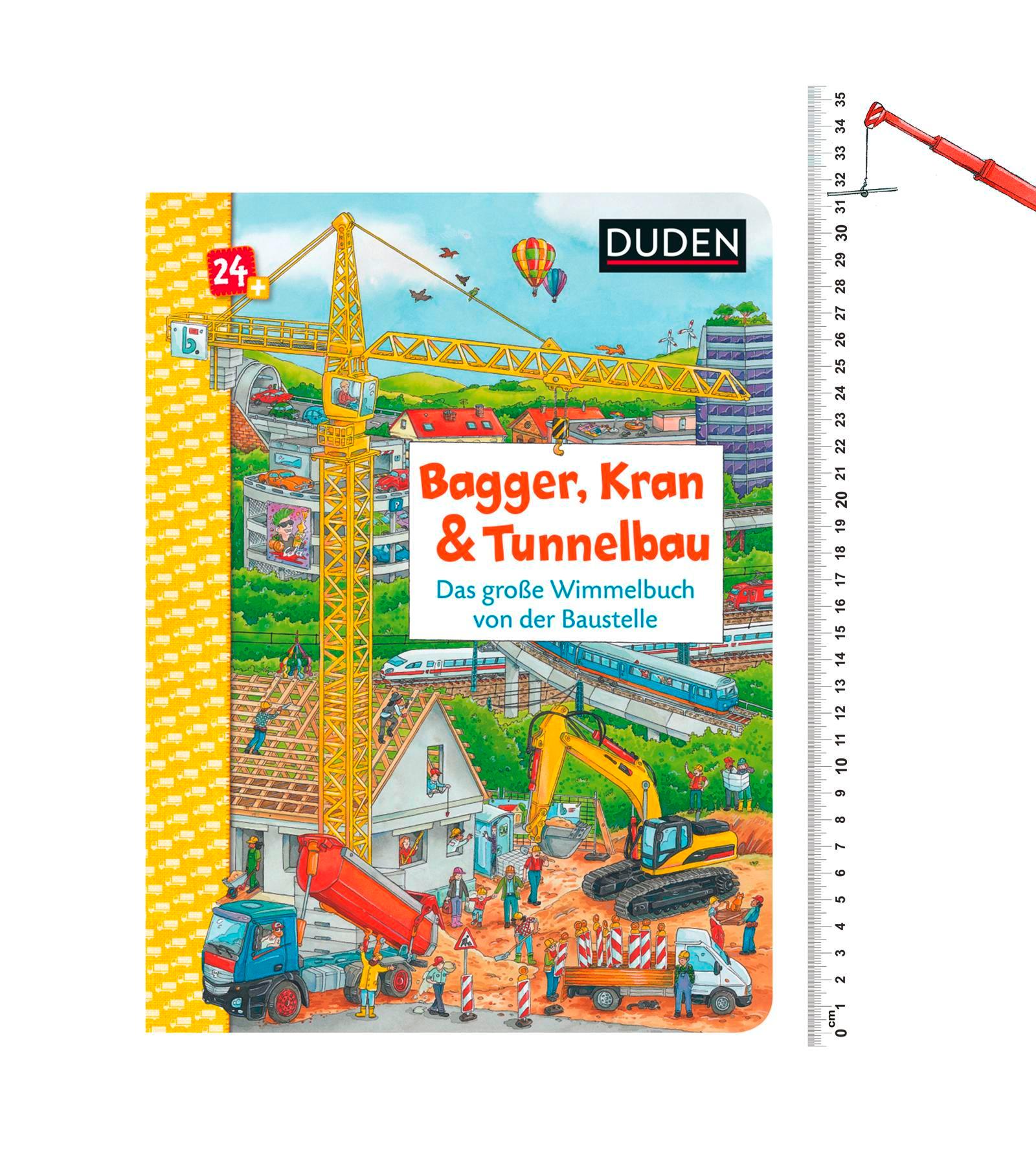Beispielinhalt (Bild) Duden 24+: Bagger, Kran und Tunnelbau. Das große Wimmelbuch von der Baustelle