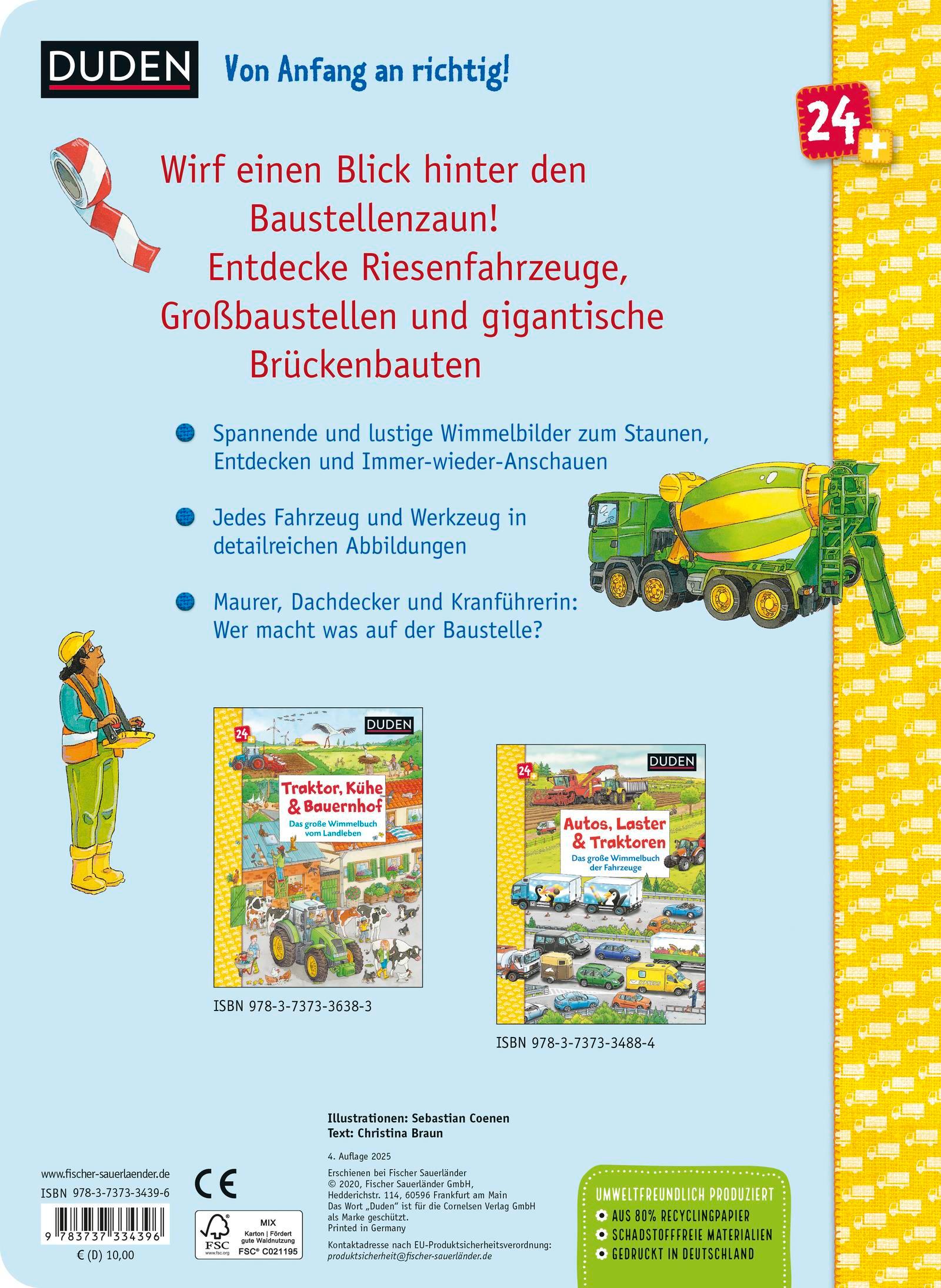 Rückseitencover Duden 24+: Bagger, Kran und Tunnelbau. Das große Wimmelbuch von der Baustelle
