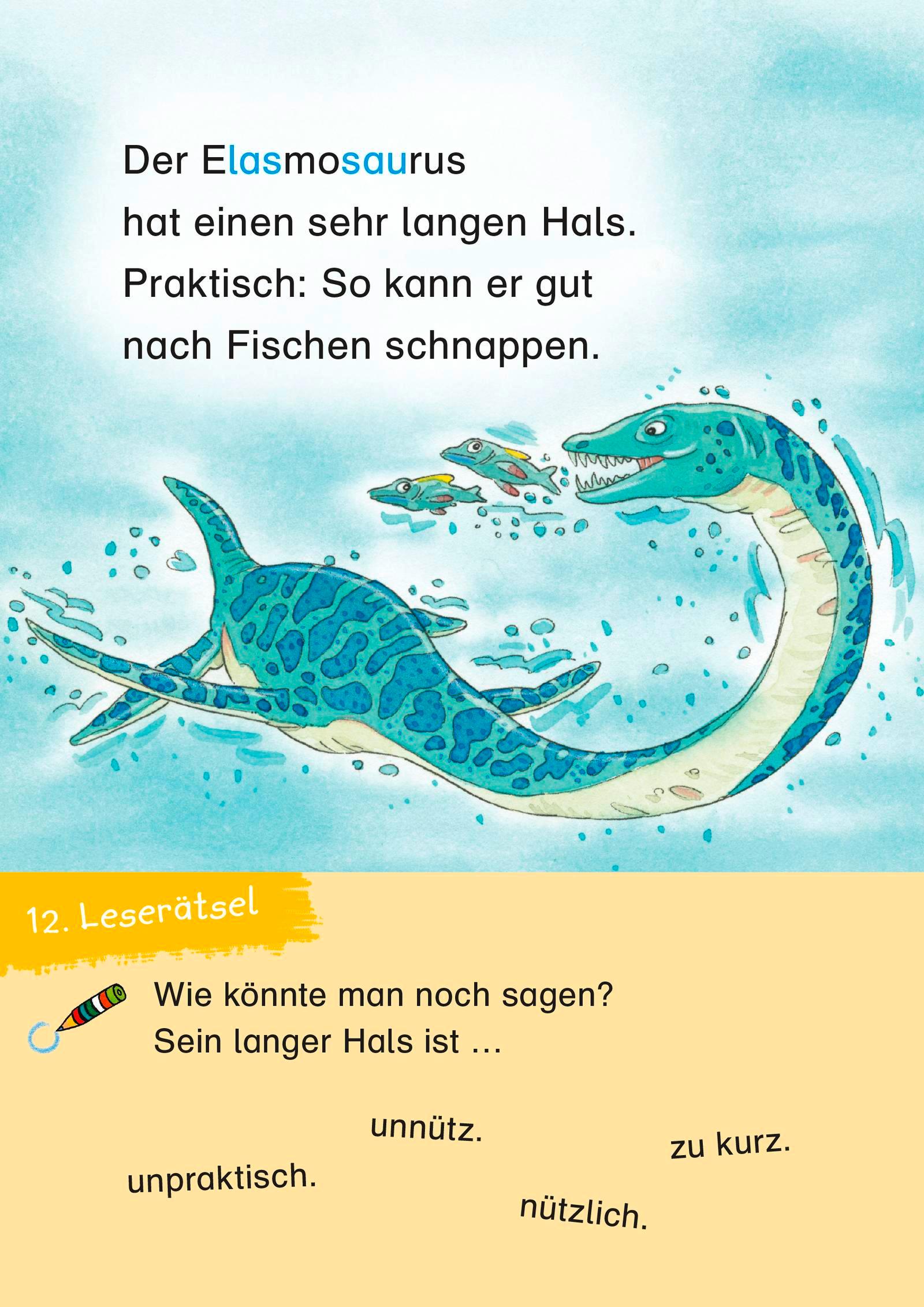 Beispielinhalt (Bild) Duden Leseprofi - 3-Minuten-Leserätsel für Erstleser: Vorsicht, Dinos!