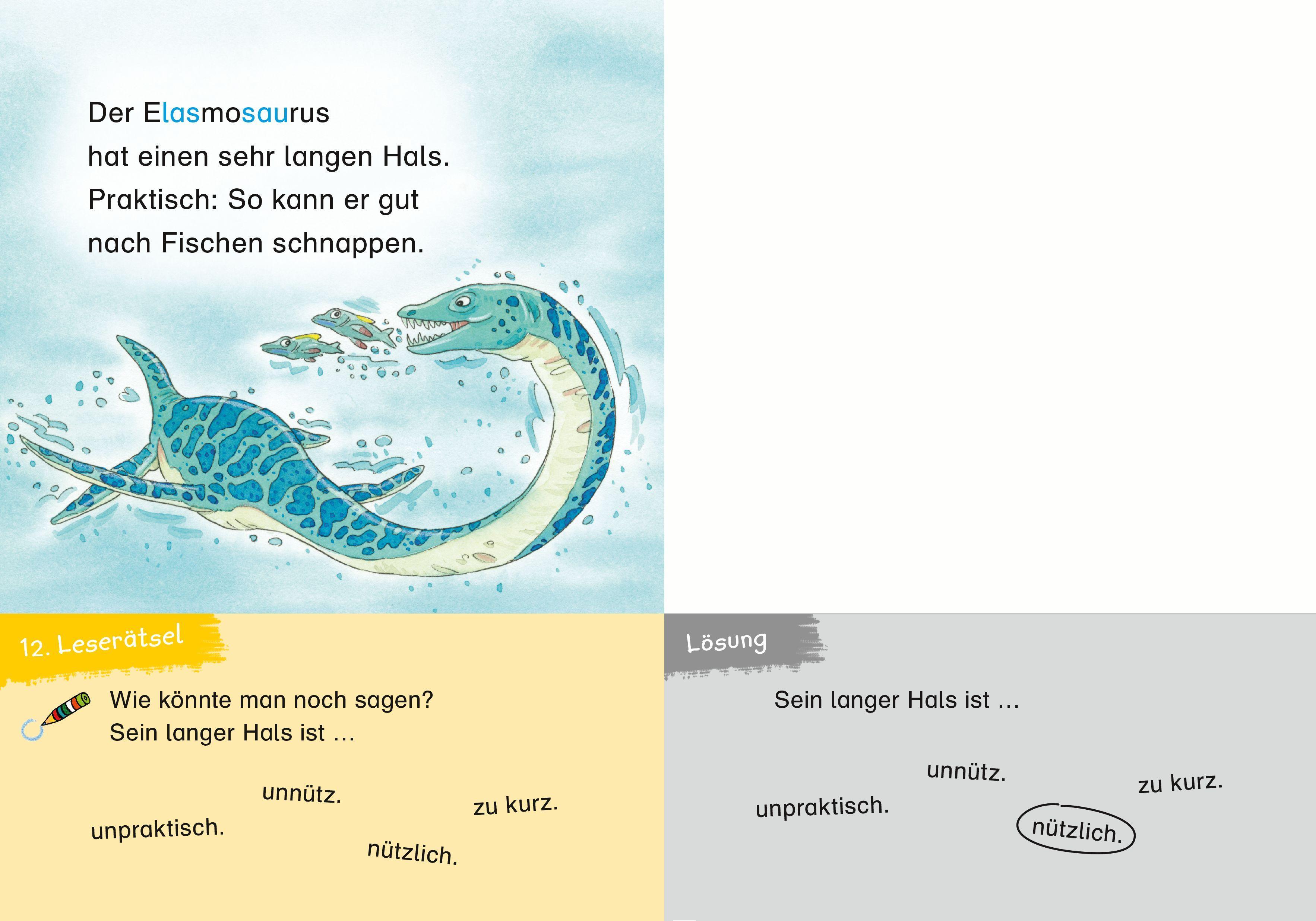 Beispielinhalt (Bild) Duden Leseprofi - 3-Minuten-Leserätsel für Erstleser: Vorsicht, Dinos!